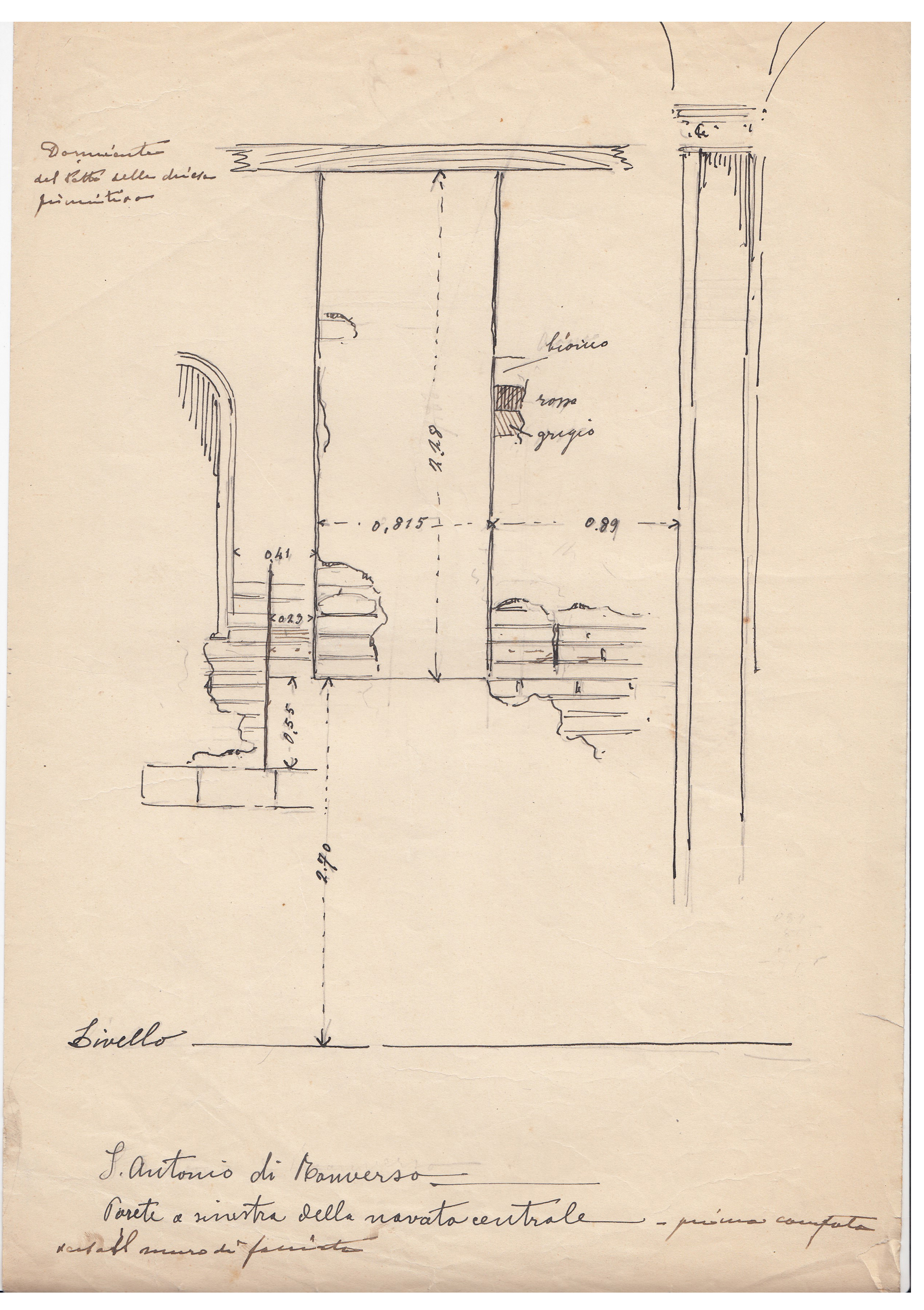 S. Antonio di Ranverso. Parete a sinistra della navata centrale - prima campata verso il muro di facciata, Abbazia di S. Antonio di Ranverso a Buttigliera Alta (TO)/ chiesa/ navata centrale/ prospetto (disegno architettonico) - ambito piemontese 