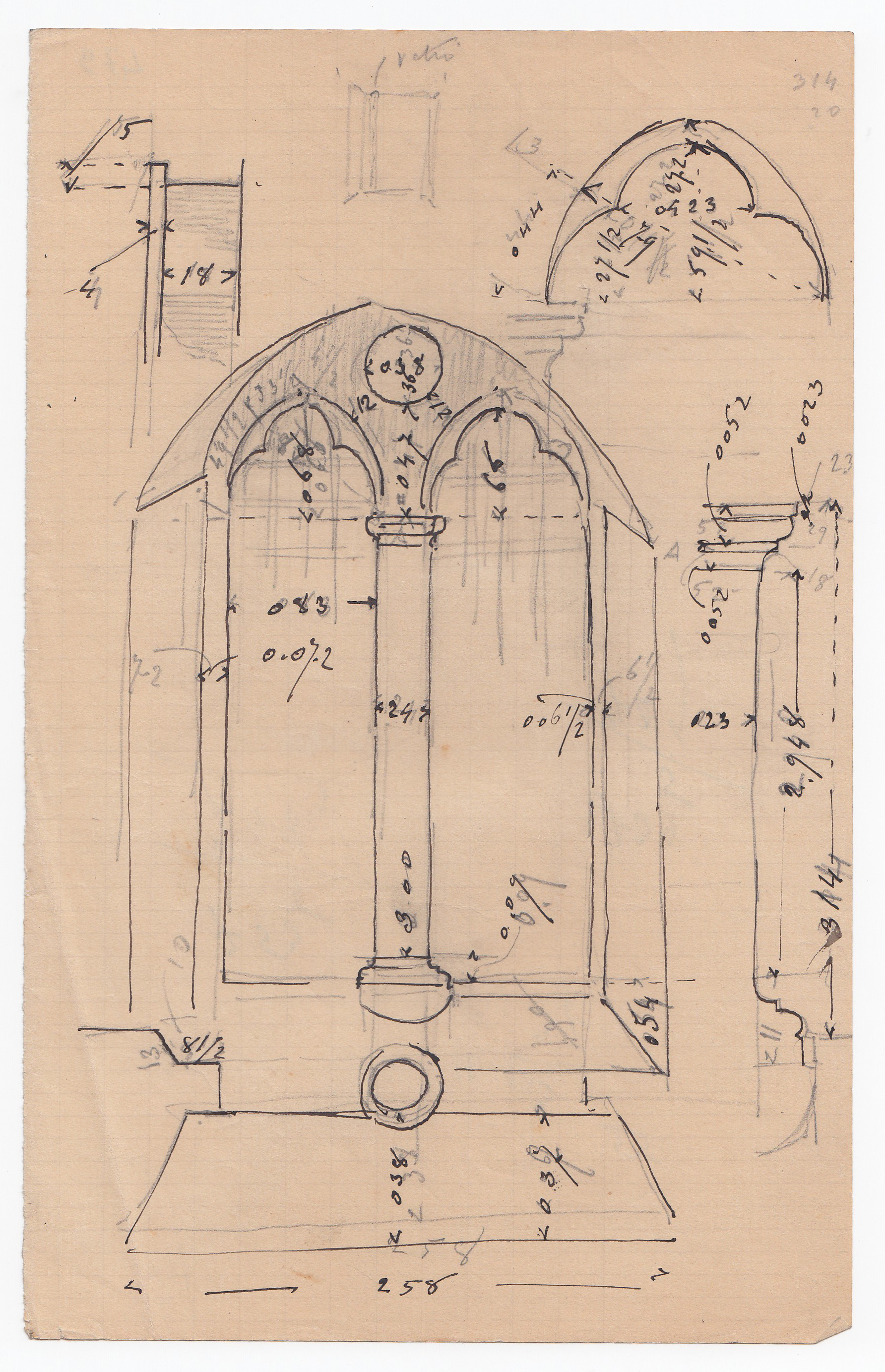 Abbazia di S. Antonio di Ranverso a Buttigliera Alta (TO)/ finestra bifora/ prospetto, sezione verticale ed orizzontale (disegno architettonico) - ambito piemontese 