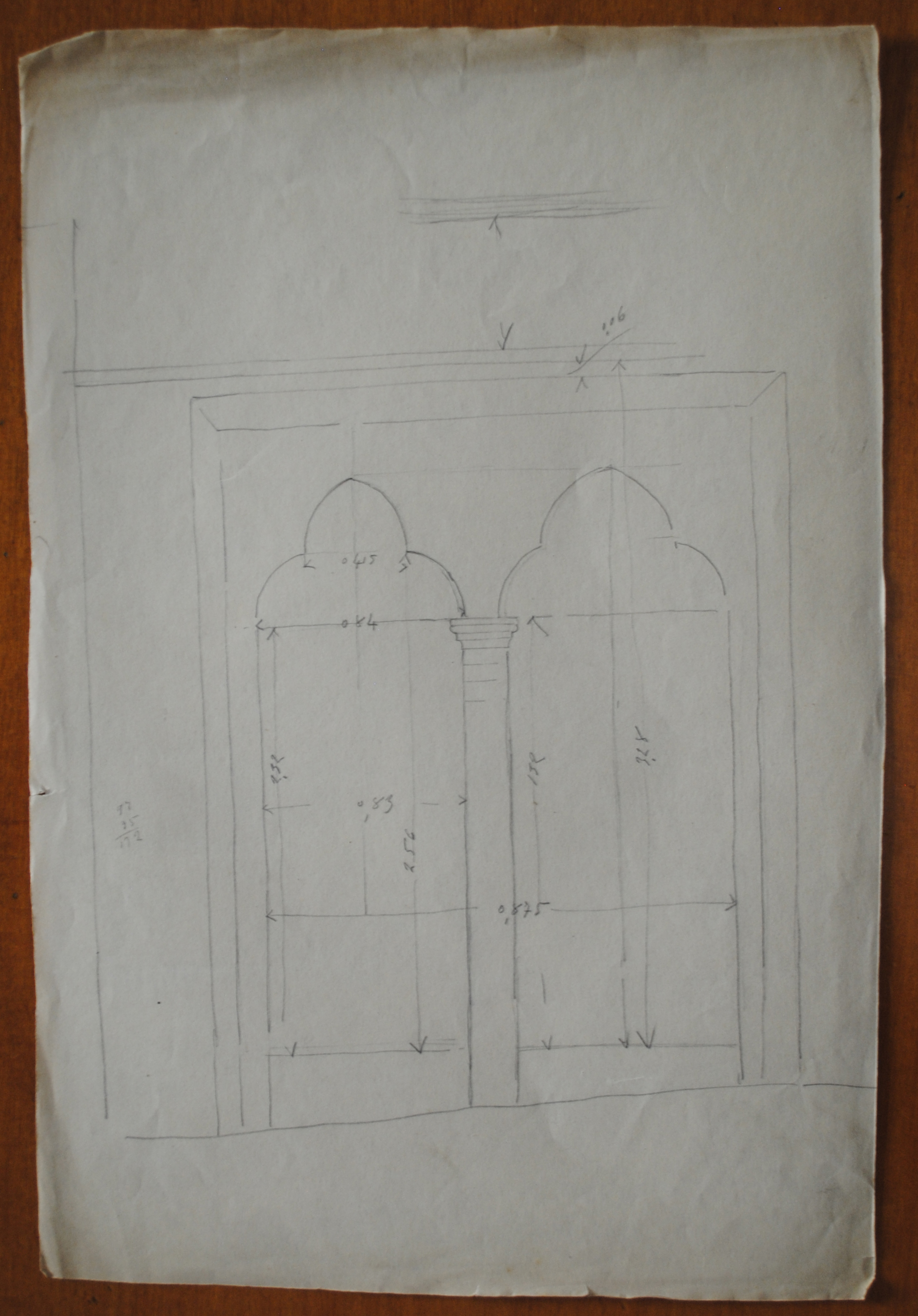 Abbazia di S. Antonio di Ranverso a Buttigliera Alta (TO)/ navata minore a sud/ parete di testa/ finestra bifora/ prospetto (disegno architettonico) - ambito piemontese 