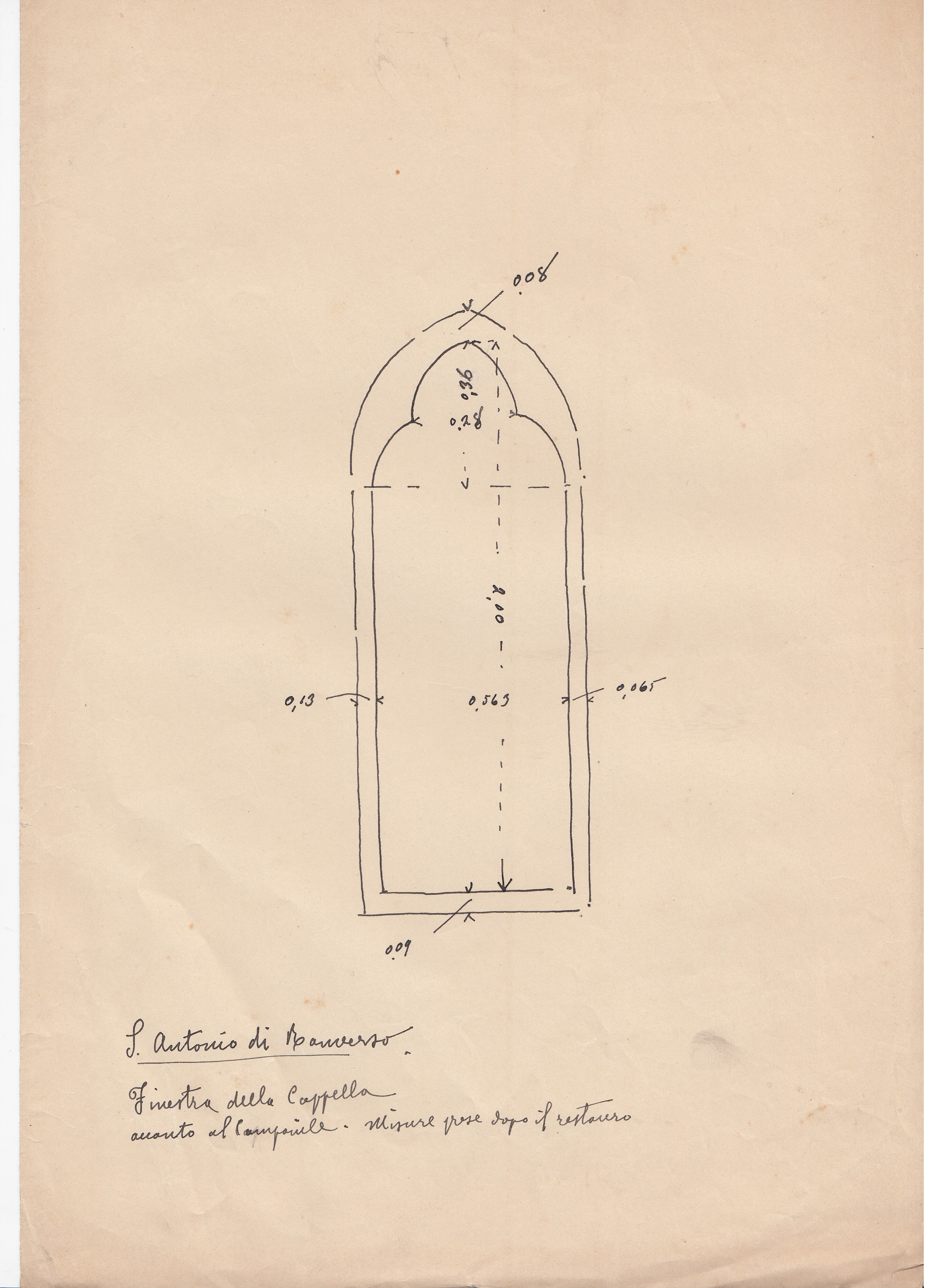 S. Antonio di Ranverso. Finestra della Cappella accanto al Campanile. Misure prese dopo il restauro, Abbazia di S. Antonio di Ranverso a Buttigliera Alta (TO)/ cappella accanto al campanile/ finestra / prospetto (disegno architettonico) - ambito piemontese 