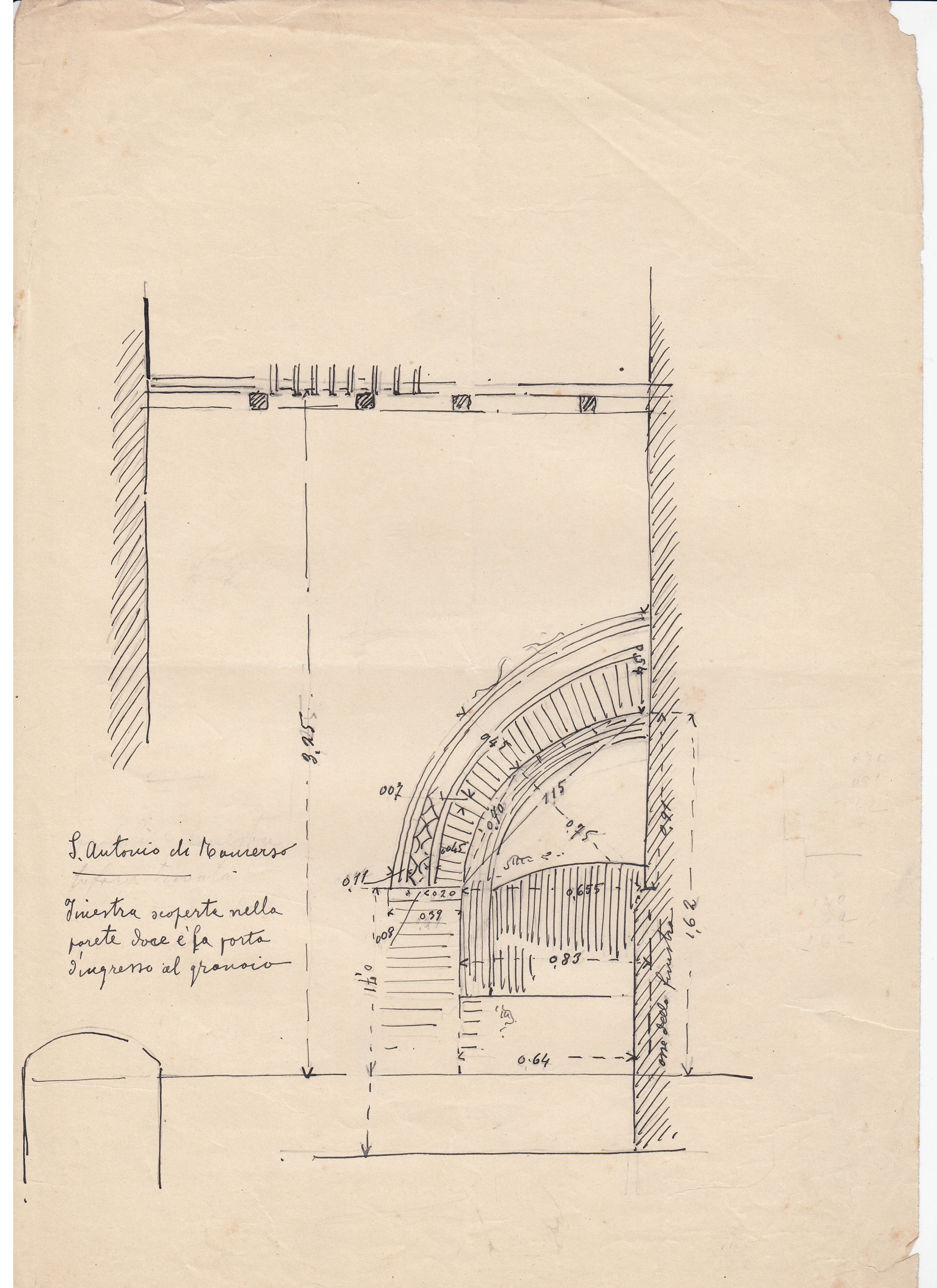 S. Antonio di Ranverso. Finestra scoperta nella parete dove è la porta d'ingresso al granaio, Abbazia di S. Antonio di Ranverso a Buttigliera Alta (TO)/ granaio/ finestra/ prospetto (disegno architettonico) - ambito piemontese 
