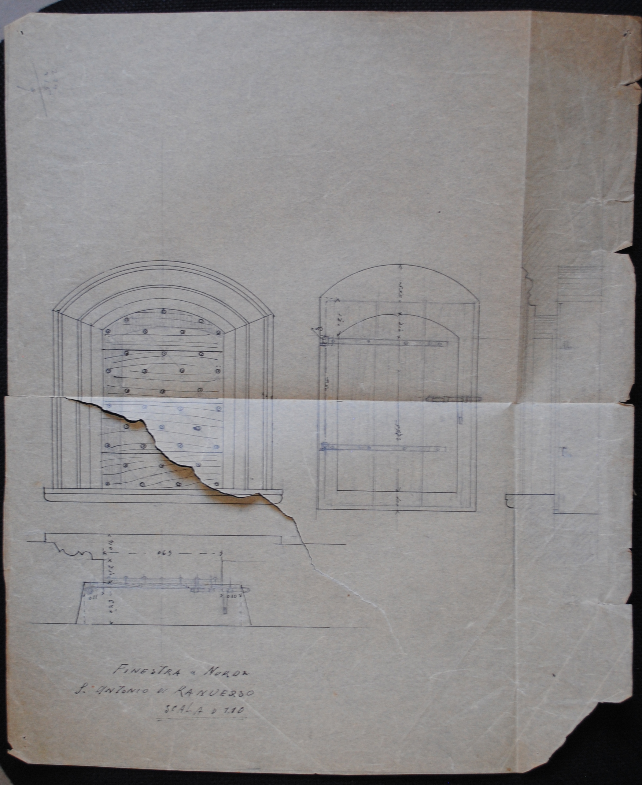 S. Antonio di Ranverso. Finestra a Nord, Abbazia di S. Antonio di Ranverso a Buttigliera Alta (TO)/ finestra a nord/ prospetto dei due fonti, sezioni orizzontale e verticale (disegno architettonico) - ambito piemontese 
