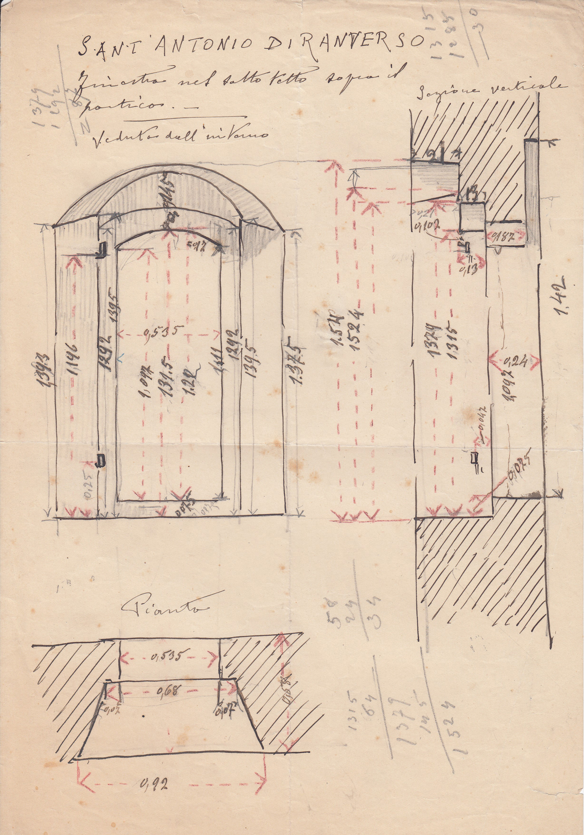 Sant'Antonio di Ranverso. Finestra del sottotetto sopra il portico, Abbazia di S. Antonio di Ranverso a Buttigliera Alta (TO)/ sottotetto il portico/ finestra/ veduta dell'interno, sezione verticale e pianta (disegno architettonico) - ambito piemontese 