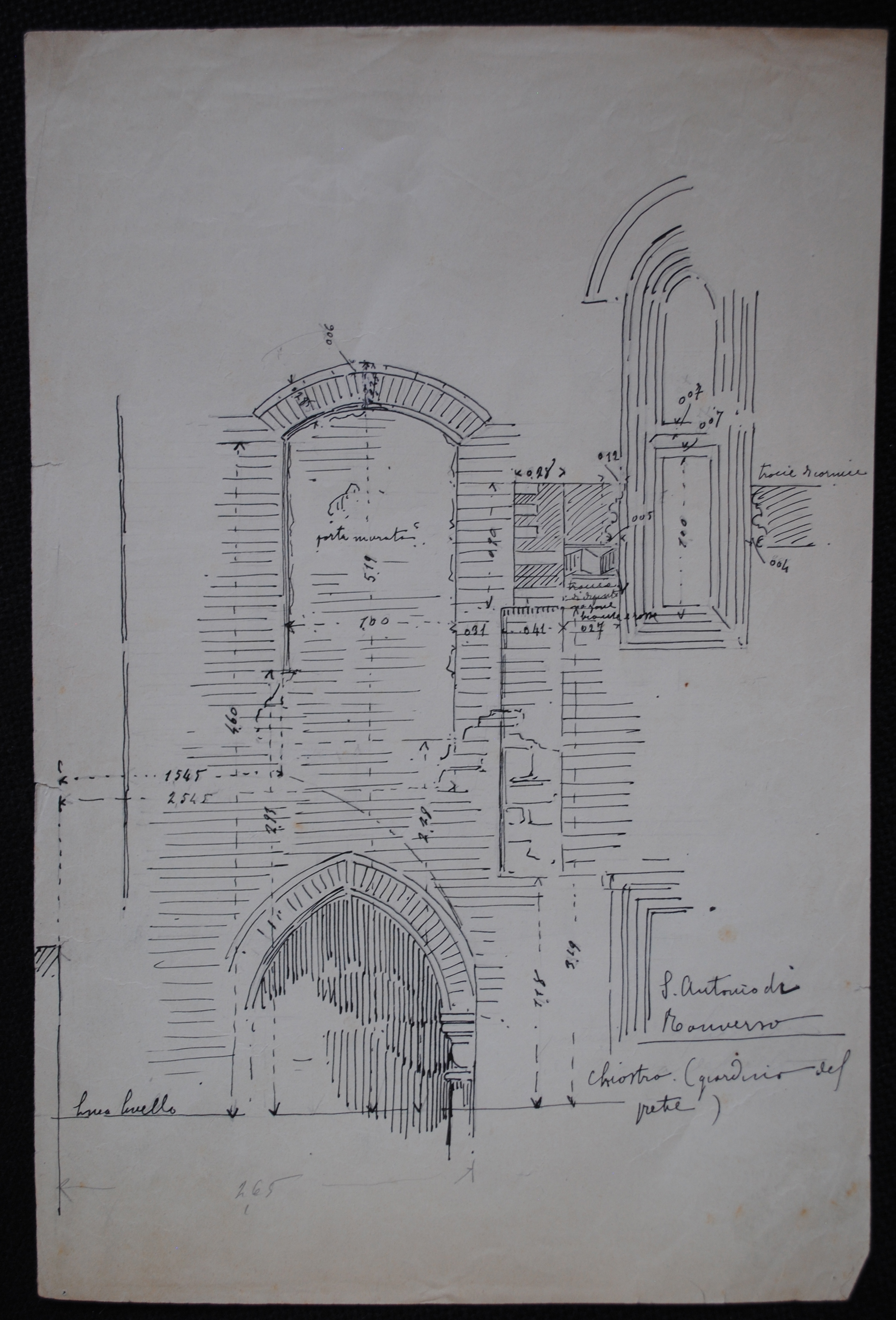 S. Antonio di Ranverso. Chiostro (giardino del prete), Abbazia di S. Antonio di Ranverso a Buttigliera Alta (TO)/ chiostro/ prospetto (disegno architettonico) - ambito piemontese 