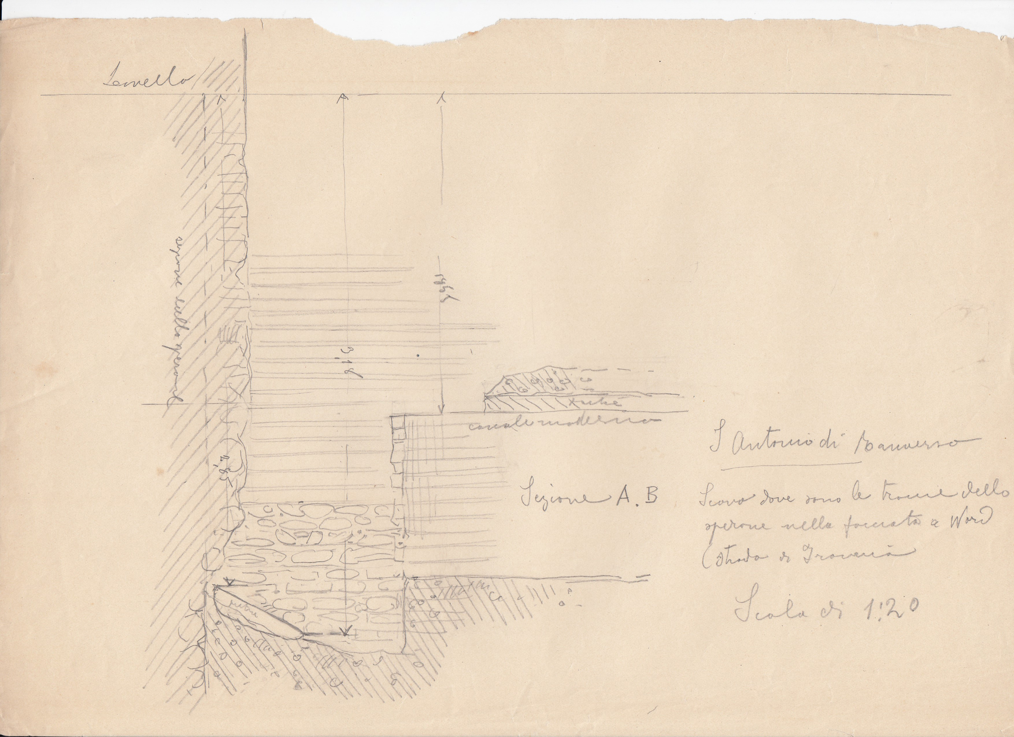 S. Antonio di Ranverso. Scavo dove sono le tracce dello sperone nella facciata a Nord (strada di Francia). Sezione A.B, Abbazia di S. Antonio di Ranverso a Buttigliera Alta (TO)/ scavo (disegno architettonico) - ambito piemontese 