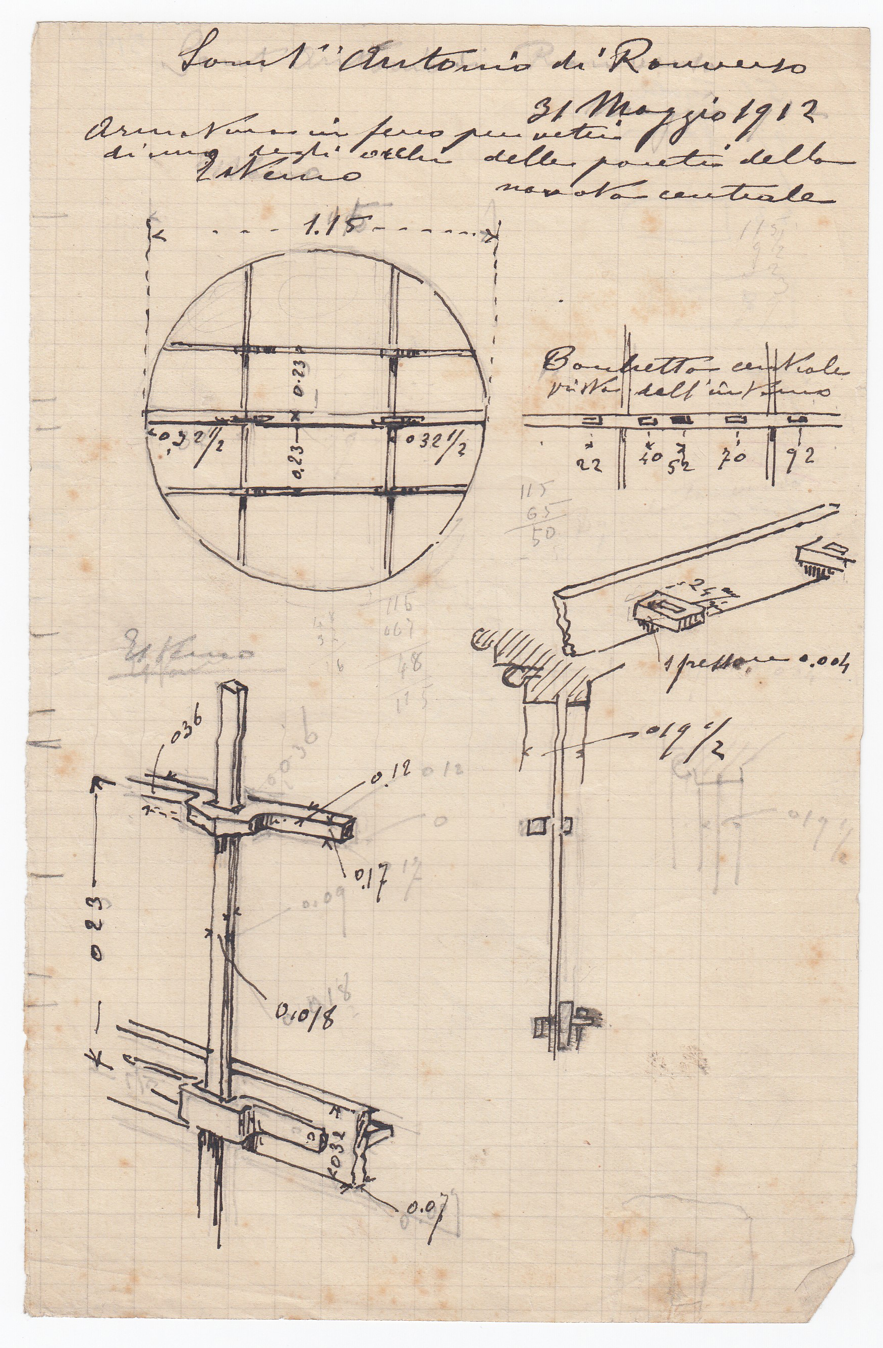 Sant'Antonio di Ranverso. Armatura in ferro per vetri di uno degli occhi della parete della navata centrale, Abbazia di S. Antonio di Ranverso a Buttigliera Alta (TO)/ navata centrale/ armatura per vetri/ prospetto, sezione verticale e prospettiva (disegno architettonico) - ambito piemontese (XX)