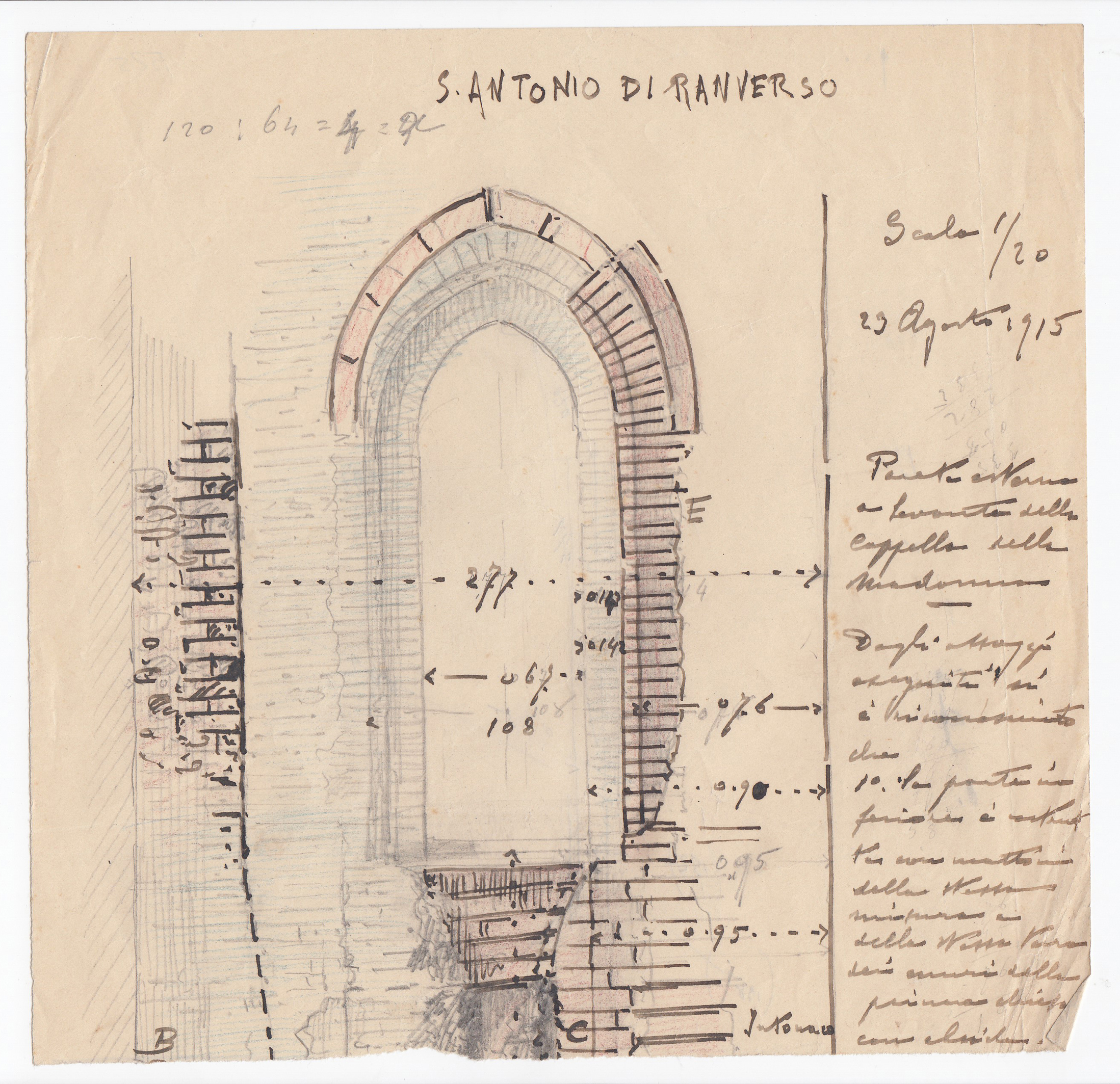 S. Antonio di Ranverso. Parete esterna a levante della Cappella della Madonna, Abbazia di S. Antonio di Ranverso a Buttigliera Alta (TO)/ Cappella della Madonna/ parete esterna/ prospetto (disegno architettonico) - ambito piemontese (XX)