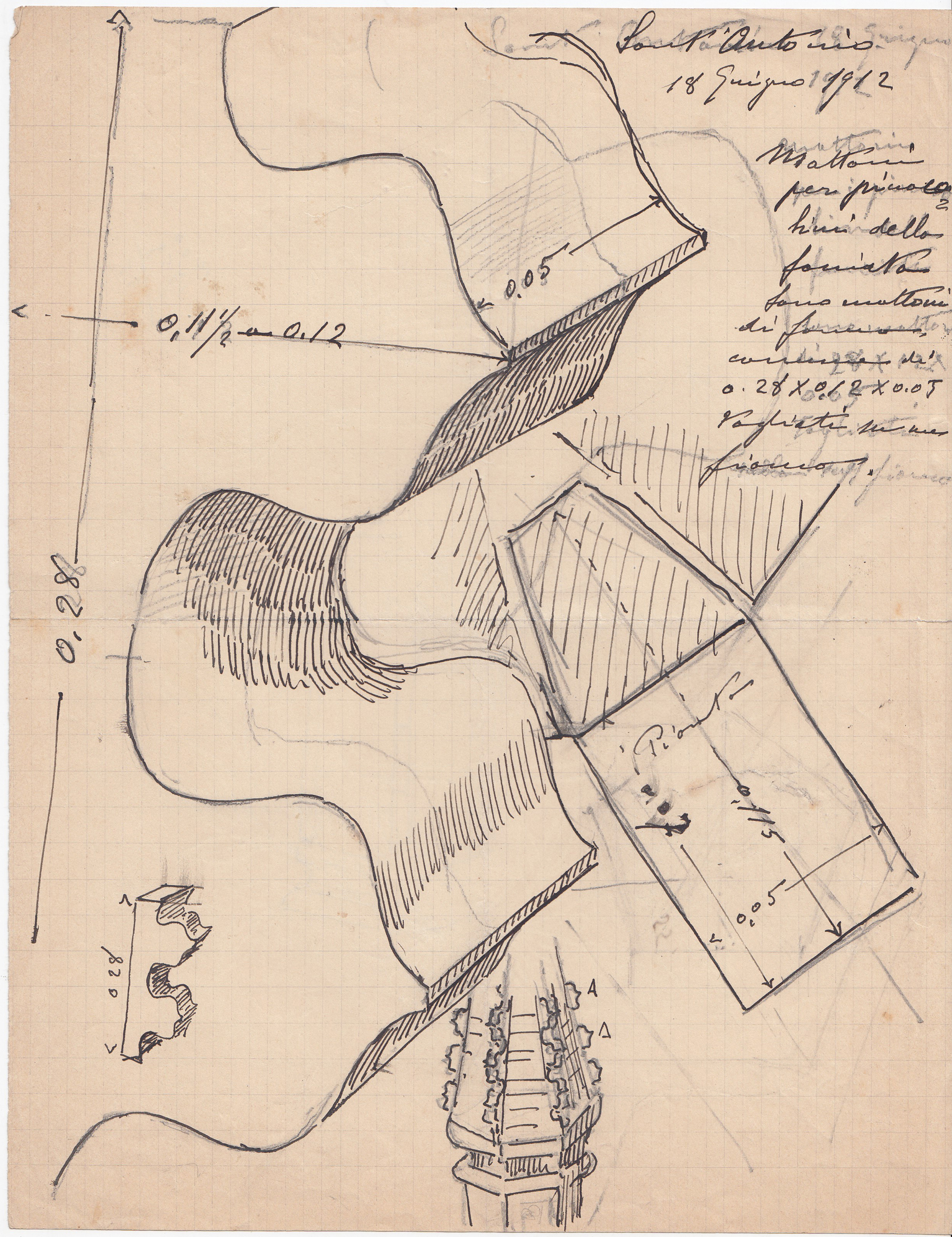 S. Antonio. Mattoni per pinnacolini della facciata, Abbazia di S. Antonio di Ranverso a Buttigliera Alta (TO)/ facciata/ pinnacolini/ pianta e prospettiva (disegno architettonico) - ambito piemontese (XX)