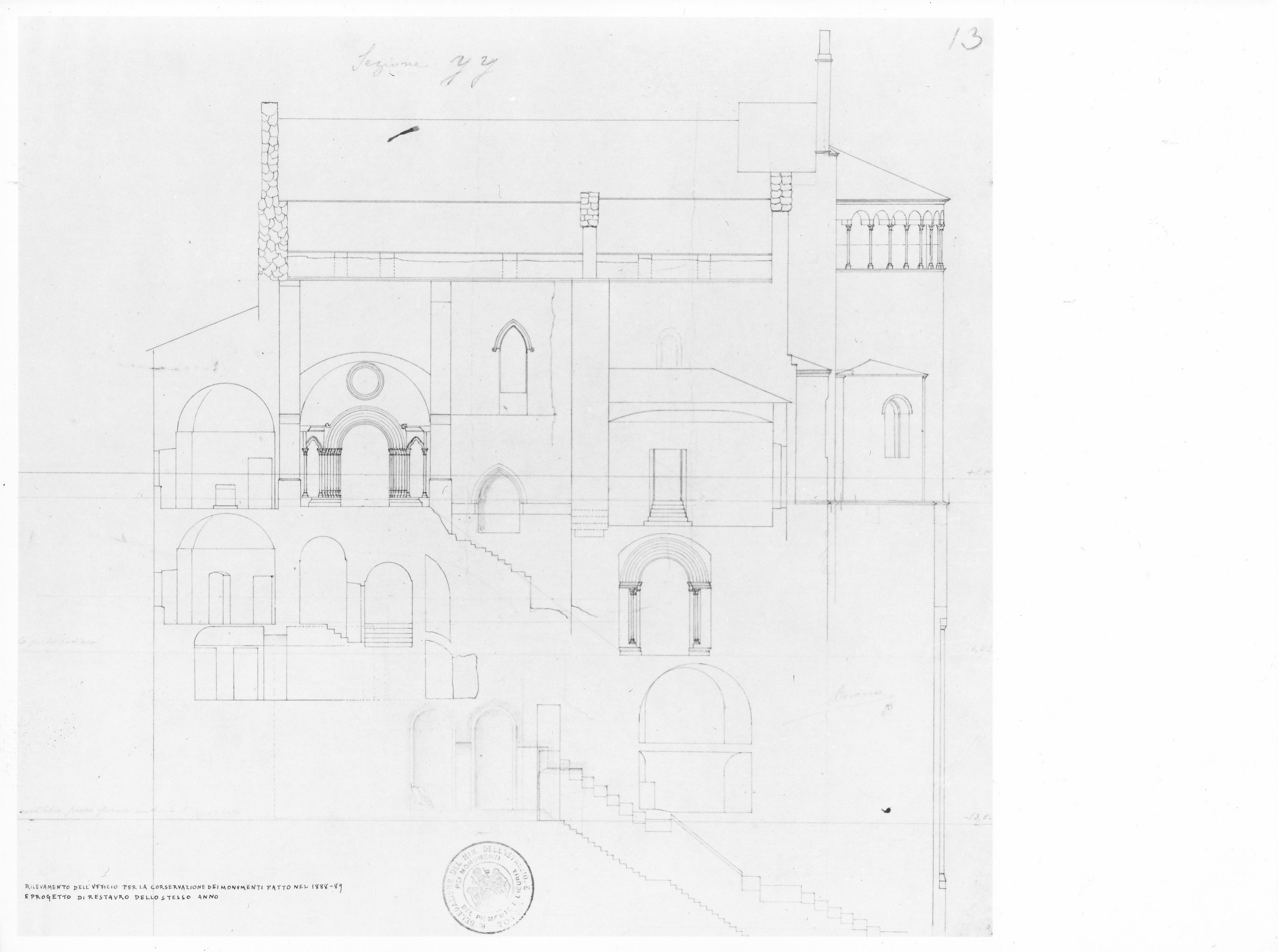 RILEVAMENTO DELL'UFFICIO PER LA CONSERVAZIONE DEI MONUMENTI FATTO NEL 1888 - 89. PROGETTO DI RESTAURO DELLO STESSO ANNO, Sacra di San Michele della Chiusa a Sant'Ambrogio di Susa (TO) (disegno architettonico) - ambito piemontese (XIX)