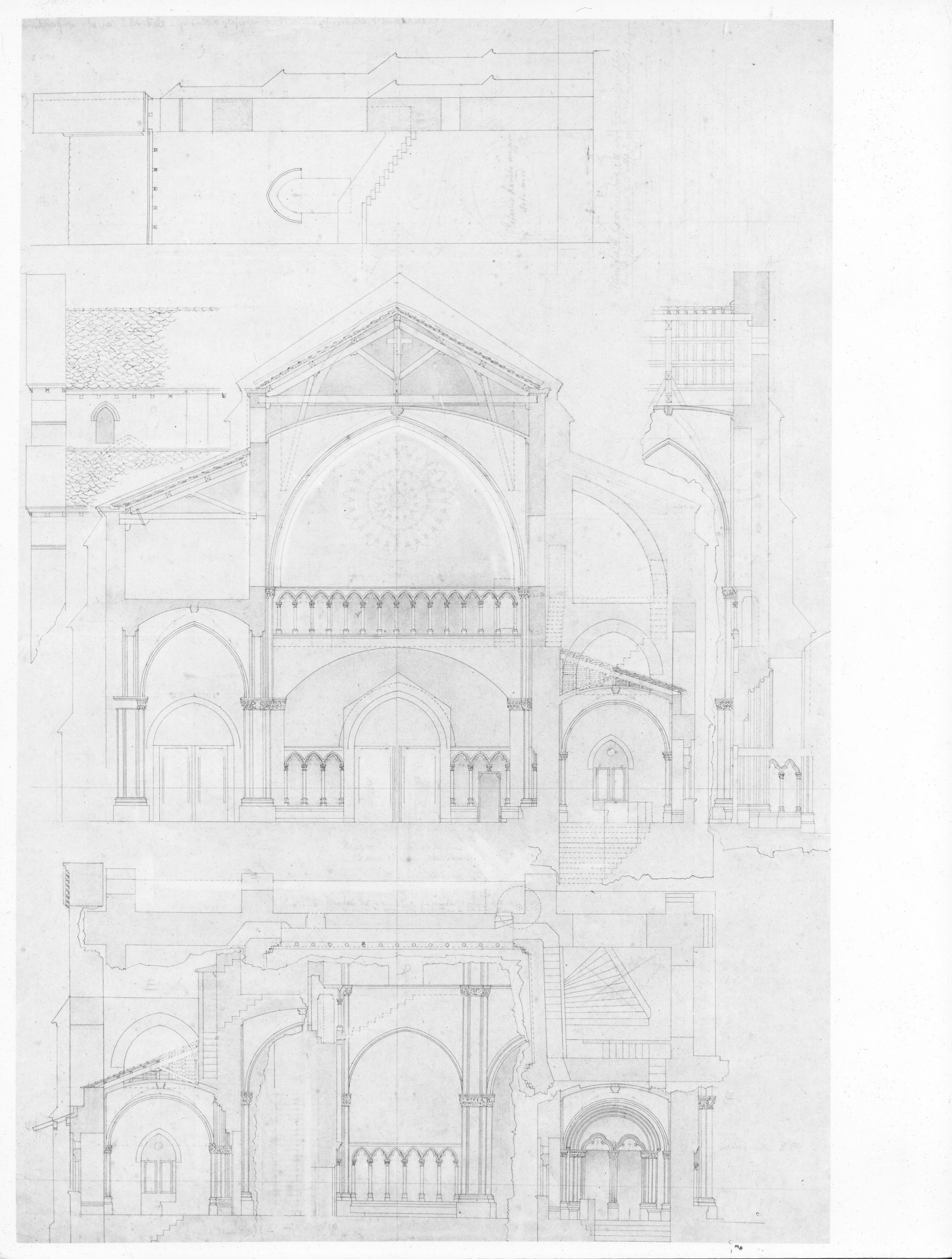 Sant'Ambrogio - Sacra S. Michele - piante e sezioni della chiesa (restauro D'Andrade?), Sacra di San Michele a Sant'Ambrogio di Susa (TO) - progetto della nuova facciata e prolungamento della chiesa (disegno architettonico) di D'Andrade Alfredo (attribuito) (ultimo quarto sec. XIX)