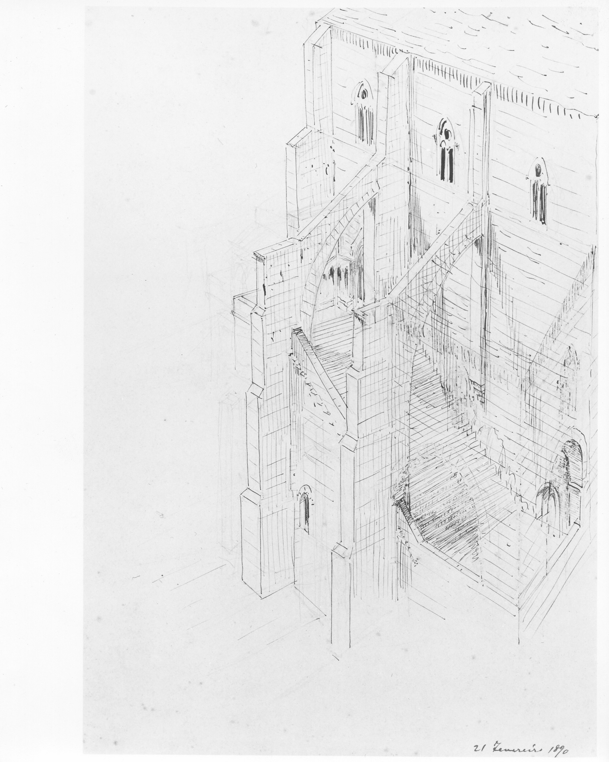 Lato contrafforti - (restauro)/ schizzo prospettico, Sacra di San Michele a Sant'Ambrogio di Susa (TO) - schizzo per il restauro del fianco sud. Assonometria (disegno architettonico) di D'Andrade Alfredo (ultimo quarto sec. XIX)