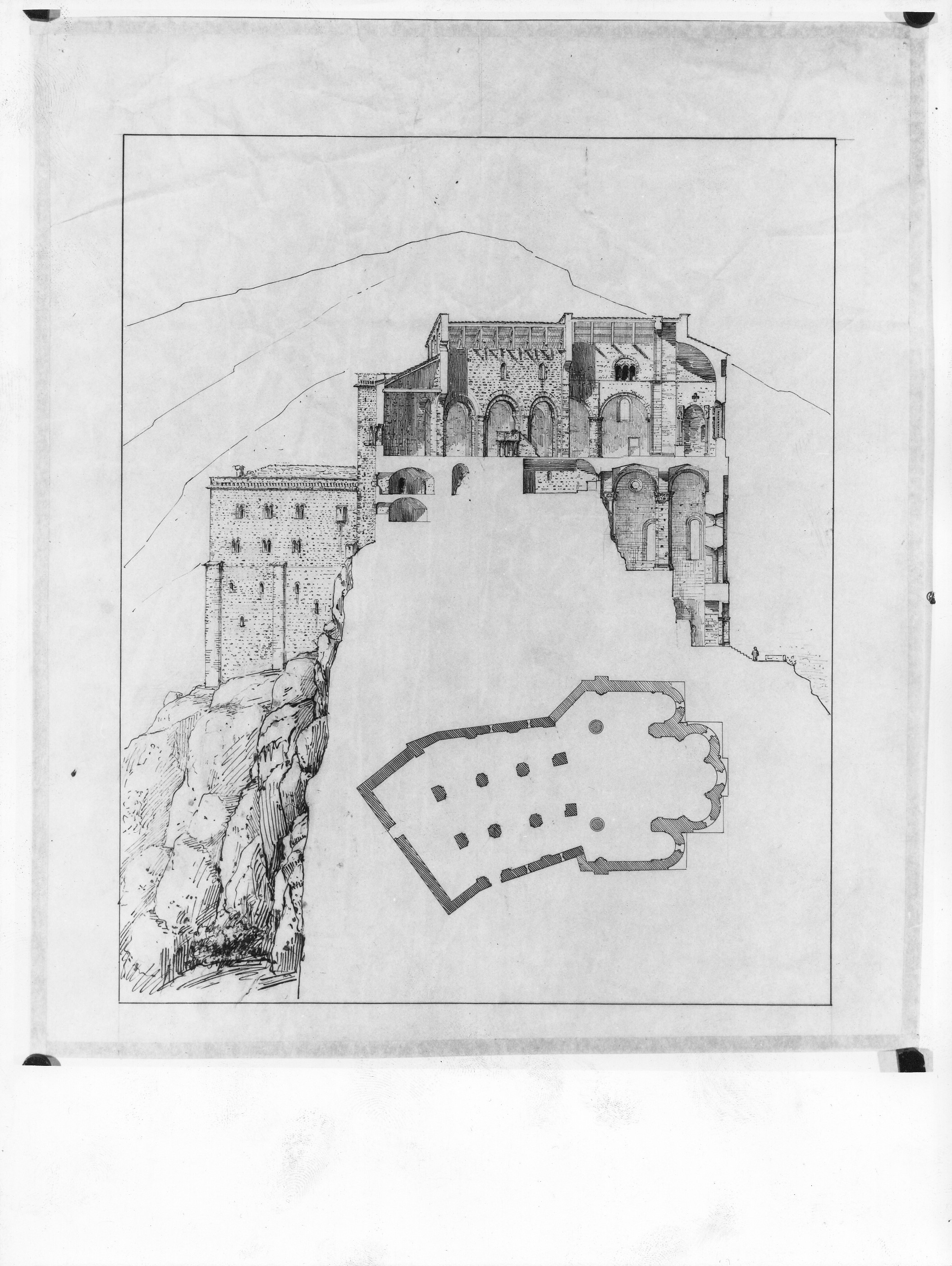 Sacra di San Michele a Sant'Ambrogio di Susa (TO) - ricostruzione dell'ampliamento del XII secolo (disegno architettonico) di D'Andrade Alfredo (cerchia) (ultimo quarto sec. XIX)