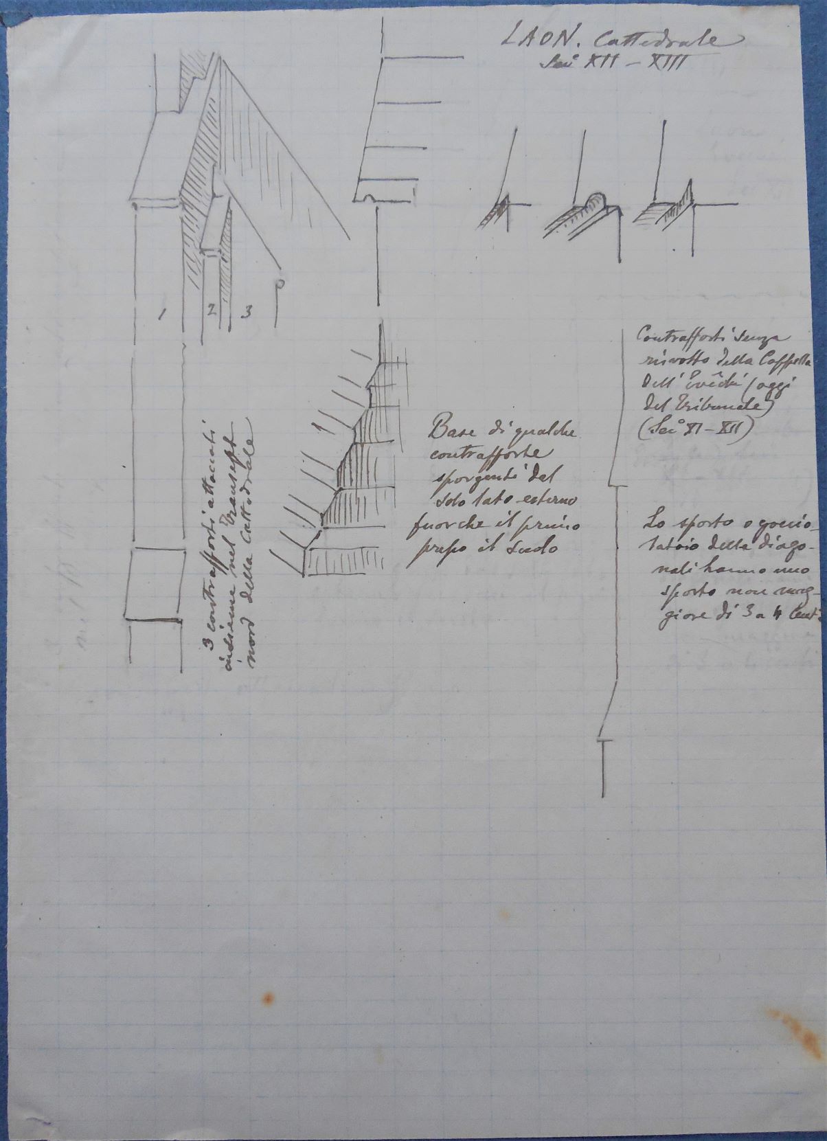 Laon, cattedrale, Rilievo di dettagli architettonici della cattedrale di Laon (taccuino di disegni) di D'Andrade Alfredo (inizio sec. XX)
