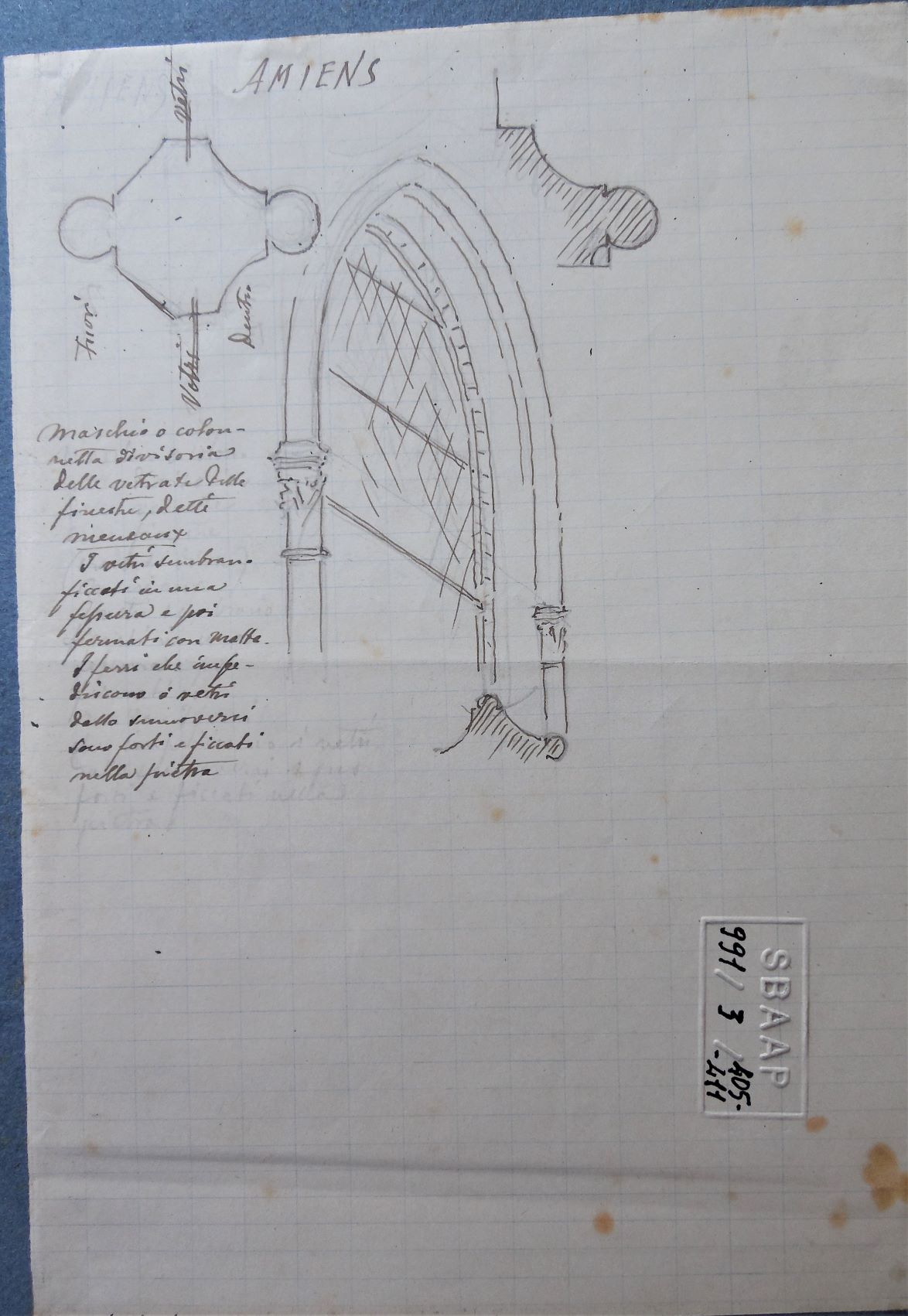 Amiens, Rilievo di dettagli architettonici della cattedrale di Amiens (taccuino di disegni) di D'Andrade Alfredo (inizio sec. XX)