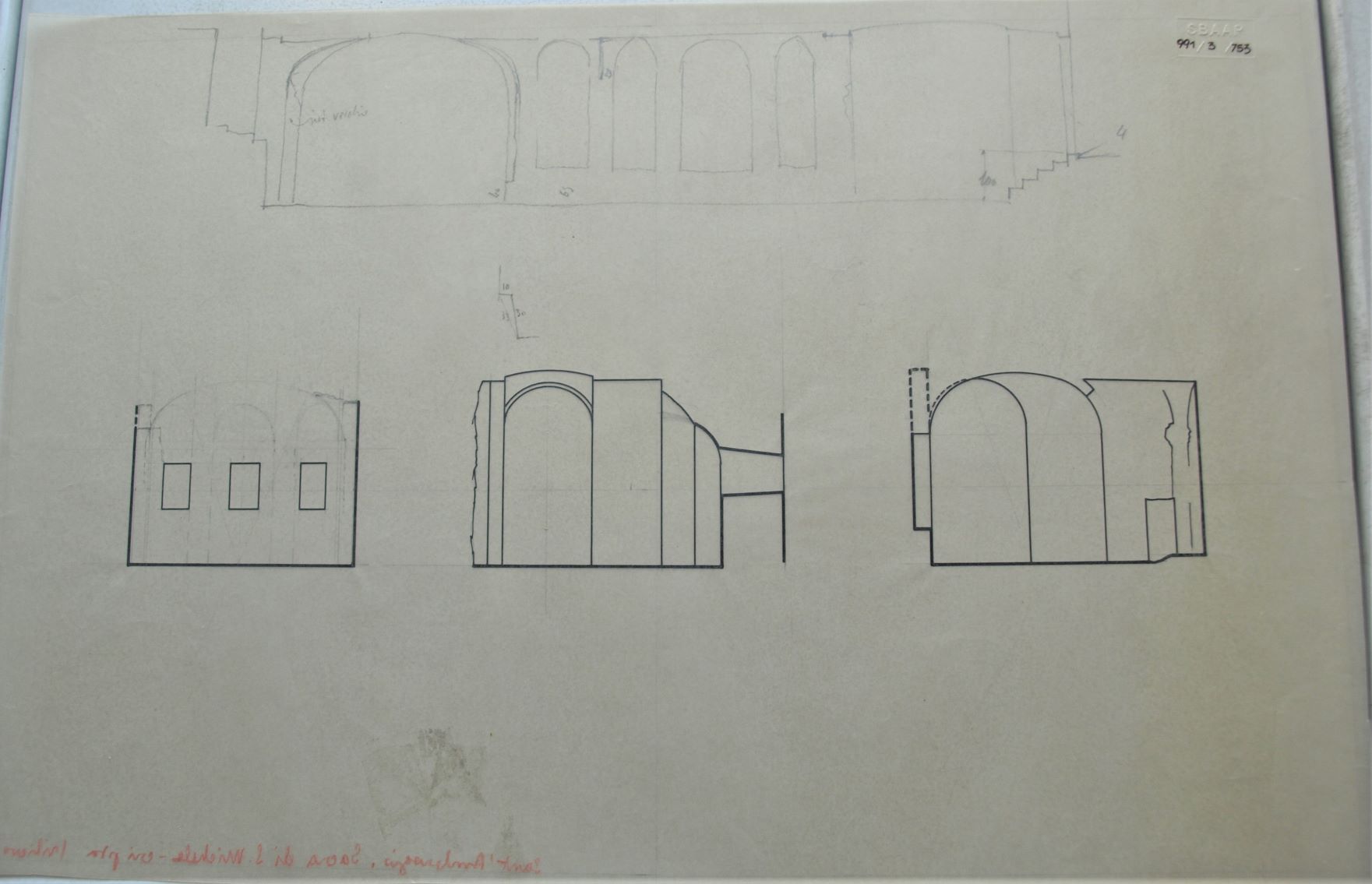 Sant'Ambrogio/ Sacra di S. Michele/ cripta (rilievo), Sacra di San Michele a Sant'Ambrogio di Susa (TO) - rilievo della cripta (disegno architettonico) di Checchi Ercole (cerchia) (secondo quarto sec. XX)