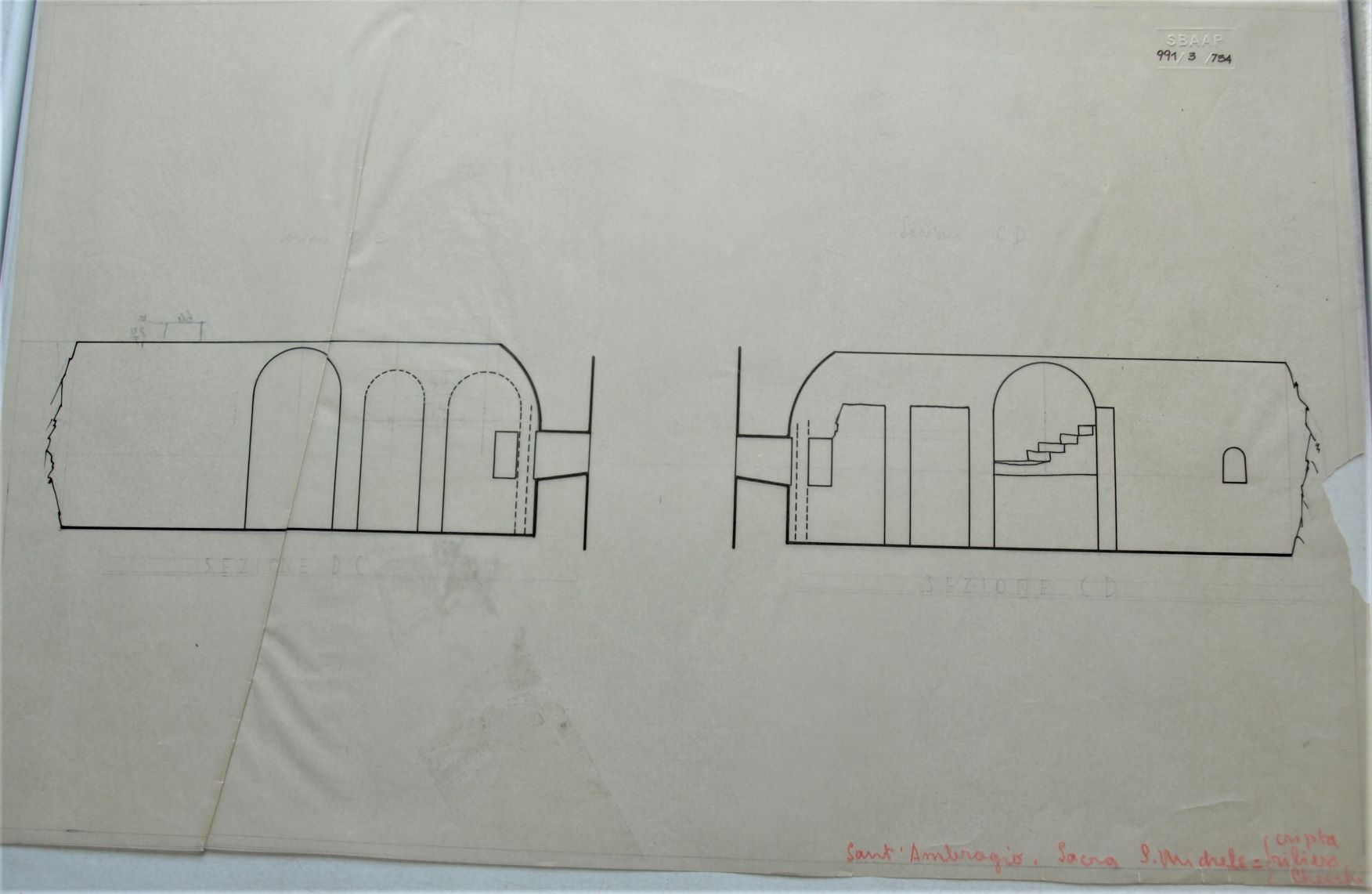 Sant'Ambrogio/ Sacra di S. Michele/ cripta rilievo Checchi, Sacra di San Michele a Sant'Ambrogio di Susa (TO) - rilievo cripta (disegno architettonico) di Checchi Ercole (cerchia) (secondo quarto sec. XX)