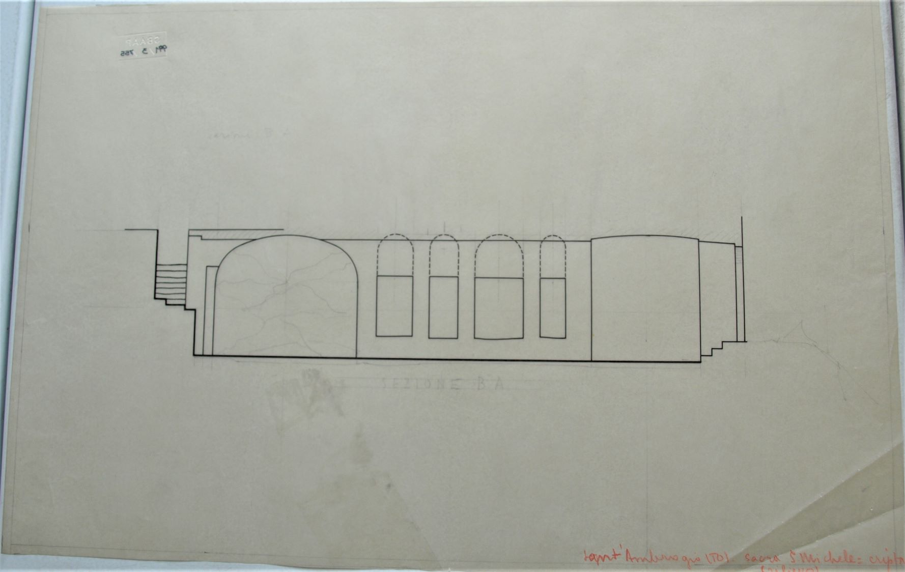 Sant'Ambrogio (TO)/ Sacra di S. Michele/ cripta (rilievo), Sacra di San Michele a Sant'Ambrogio di Susa (TO) - rilievo cripta (disegno architettonico) di Checchi Ercole (cerchia) (secondo quarto sec. XX)