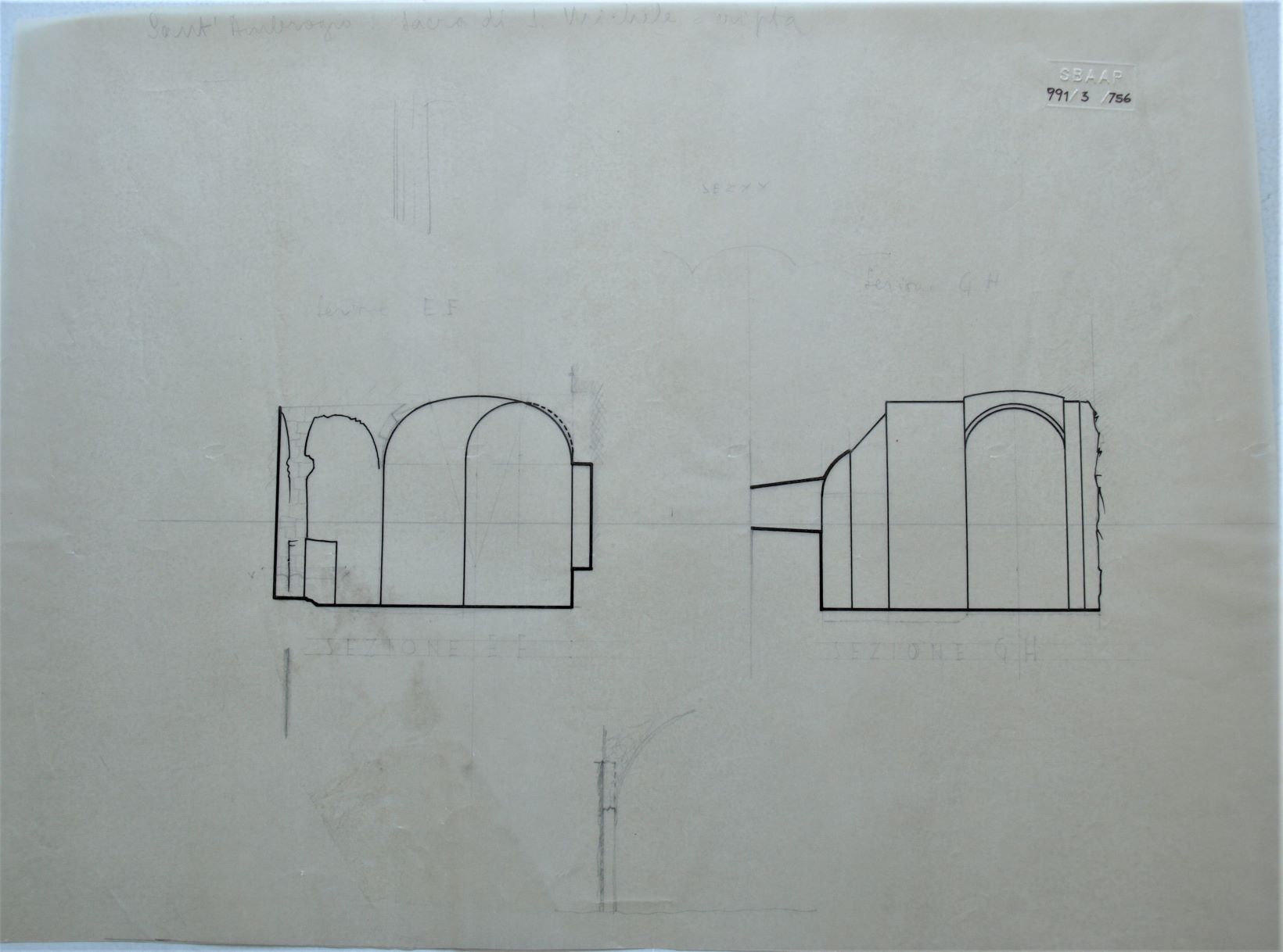 Sant'Ambrogio/ Sacra di S. Michele/ cripta, Sacra di San Michele a Sant'Ambrogio di Susa (TO) - cripta. Lucido (disegno architettonico) di Checchi Ercole (cerchia) (secondo quarto sec. XX)