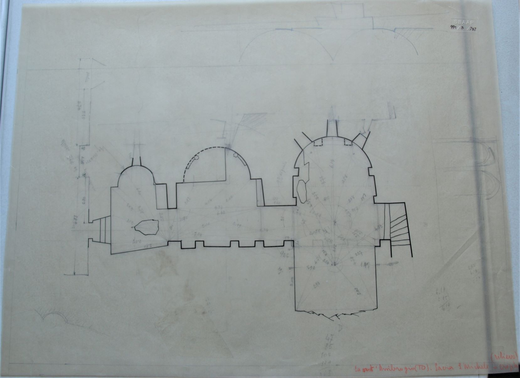 Sant'Ambrogio (TO)/ Sacra di San Michele/ cripta (rilievo), Sacra di San Michele a Sant'Ambrogio di Susa (TO) - Cripta. Rilievo. Lucido (disegno architettonico) di Checchi Ercole (cerchia) (secondo quarto sec. XX)