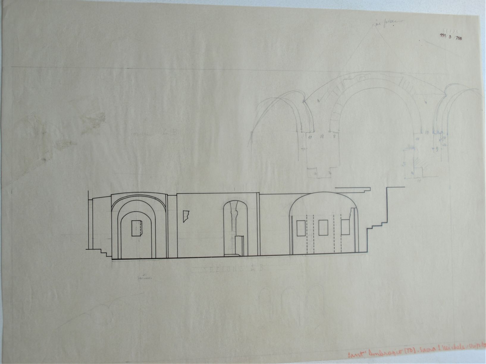 Sant'Ambrogio (TO)/ Sacra di S. Michele/ cripta, Sacra di San Michele a Sant'Ambrogio di Susa (TO) - Cripta. Lucido (disegno architettonico) di Checchi Ercole (cerchia) (secondo quarto sec. XX)