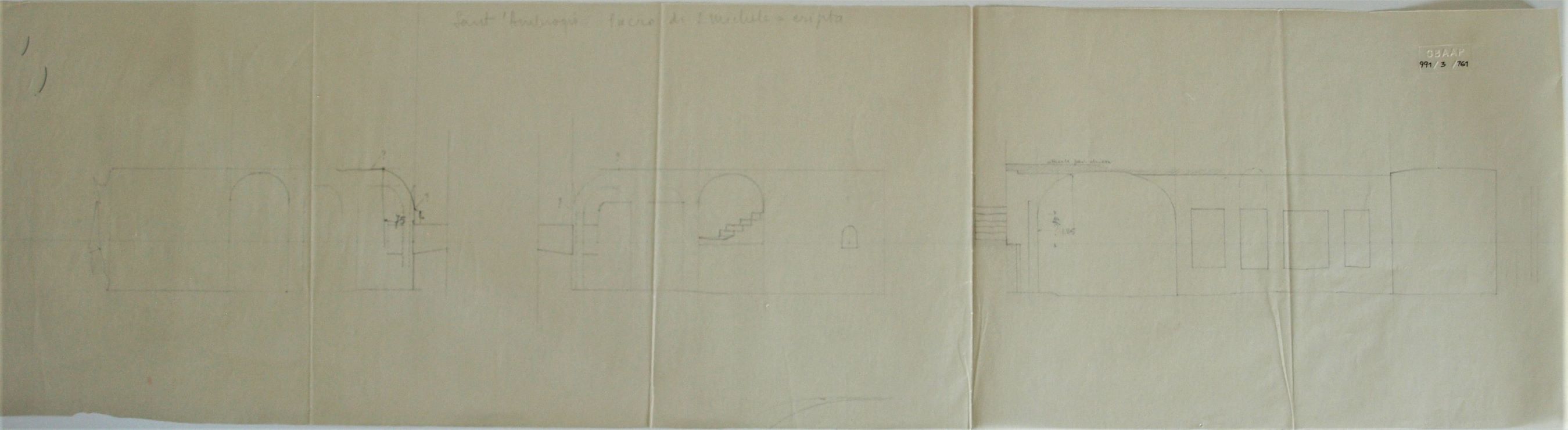 Sant'Ambrogio/ Sacra di S. Michele/ cripta, Sacra di San Michele a Sant'Ambrogio di Susa (TO) - cripta. Lucido (disegno architettonico) di Checchi Ercole (cerchia) (secondo quarto sec. XX)