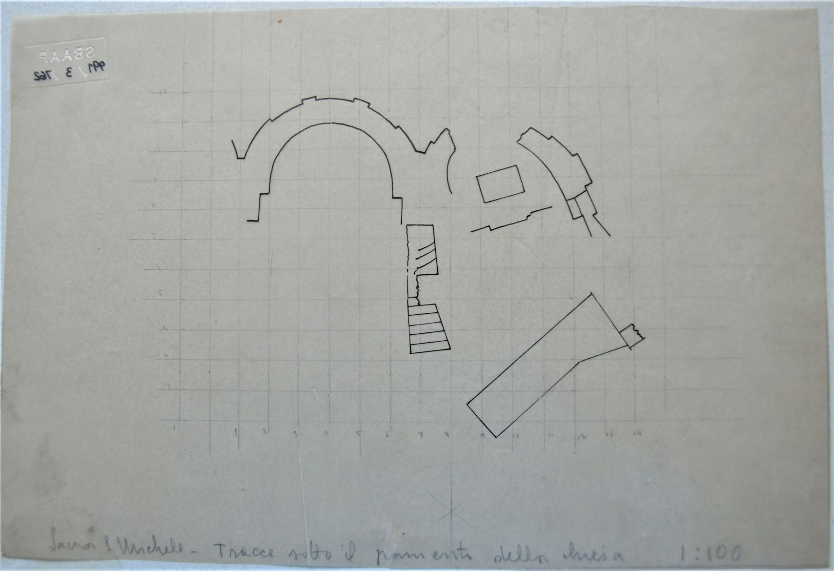 Sacra S. Michele/ Tracce sotto il pavimento della chiesa 1:100, Sacra di San Michele a Sant'Ambrogio di Susa (TO) - Cripta. Lucido (disegno architettonico) di Checchi Ercole (cerchia) (secondo quarto sec. XX)