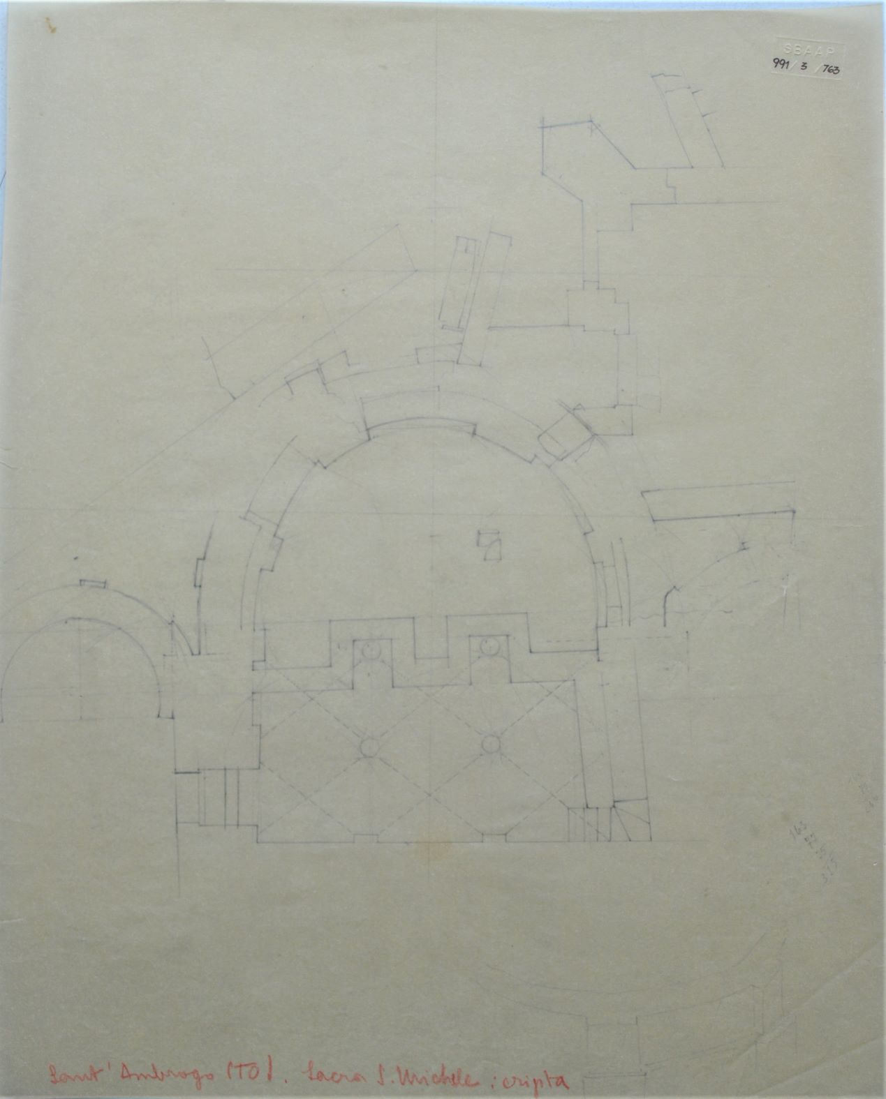 Sant'Ambrogio (TO)/ Sacra S. Michele/ cripta, Sacra di San Michele a Sant'Ambrogio di Susa (TO) - Cripta. Rilievo (disegno architettonico) di Checchi Ercole (cerchia) (secondo quarto sec. XX)