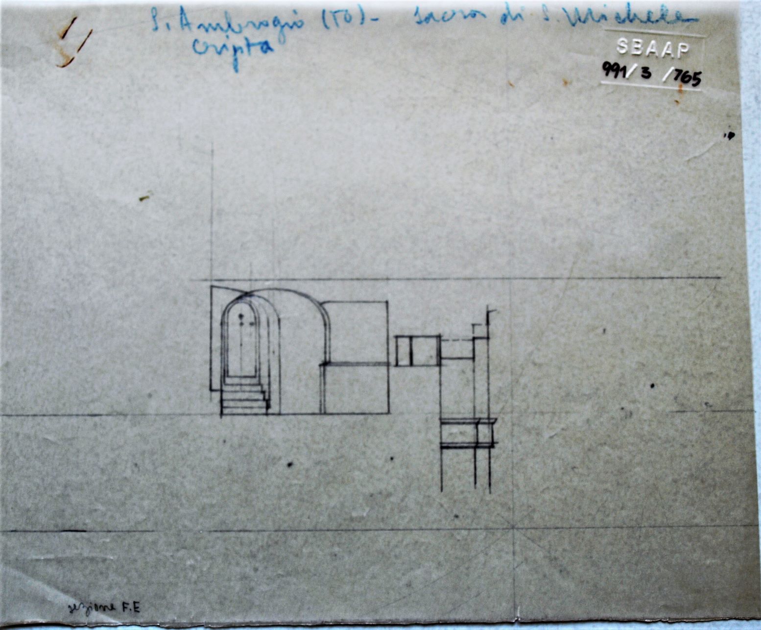 Sant'Ambrogio (TO)/ Sacra di S. Michele/ cripta, Sacra di San Michele a Sant'Ambrogio di Susa (TO) - Cripta. Rilievo (disegno architettonico) di Checchi Ercole (cerchia) (secondo quarto sec. XX)