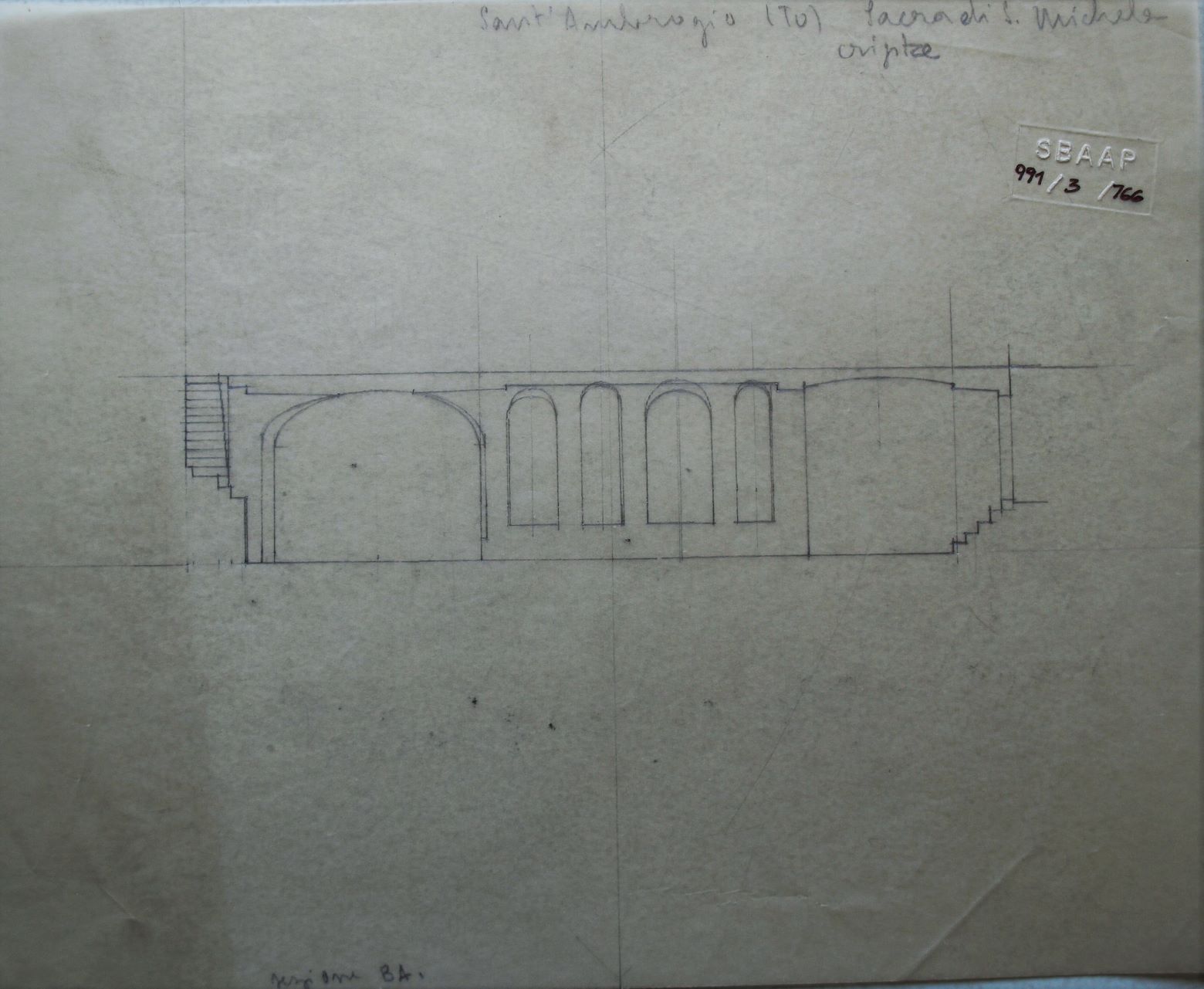 Sant'Ambrogio (TO)/ Sacra di S. Michele/ cripta, Sacra di San Michele a Sant'Ambrogio di Susa (TO) - Cripta. Lucido (disegno architettonico) di Checchi Ercole (cerchia) (secondo quarto sec. XX)