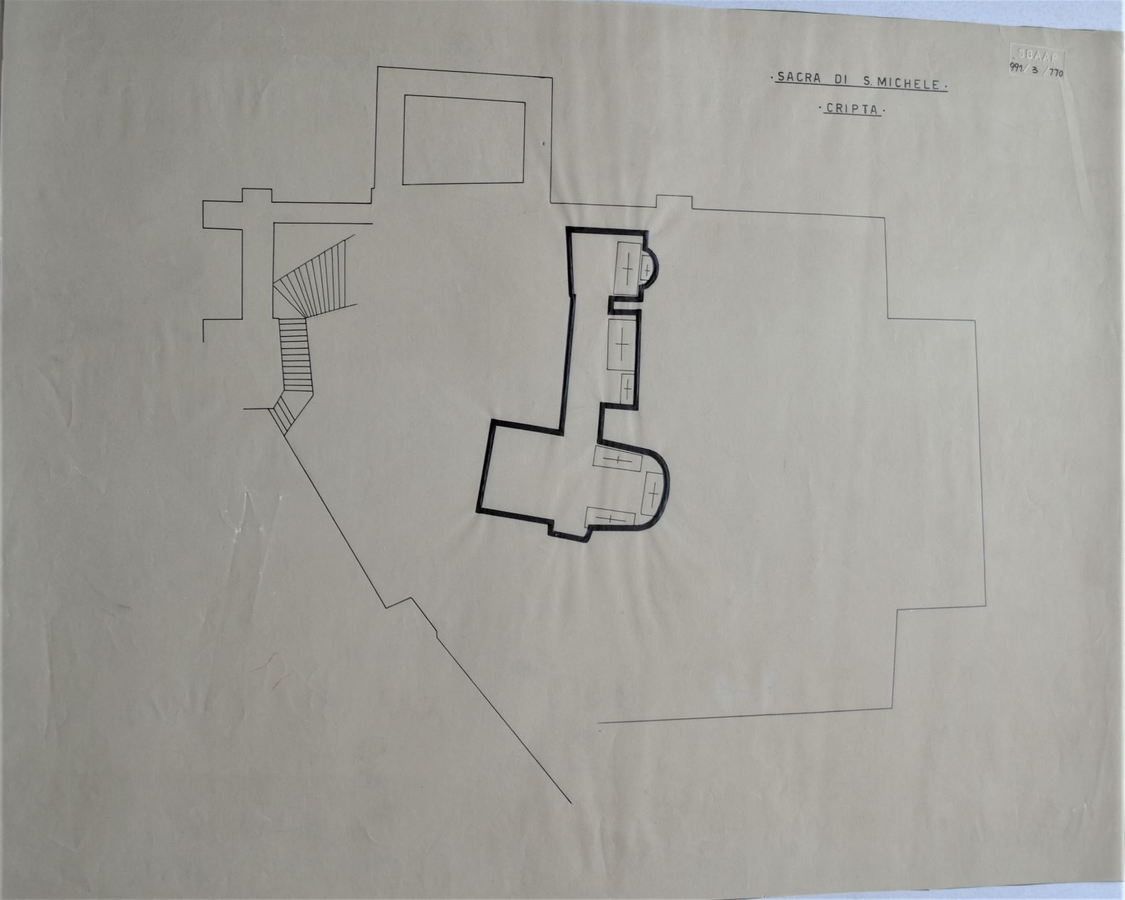 Sacra di San Michele/ Cripta, Sacra di San Michele a Sant'Ambrogio di Susa (TO) - Cripta. Lucido (disegno architettonico) di Checchi Ercole (cerchia) (secondo quarto sec. XX)