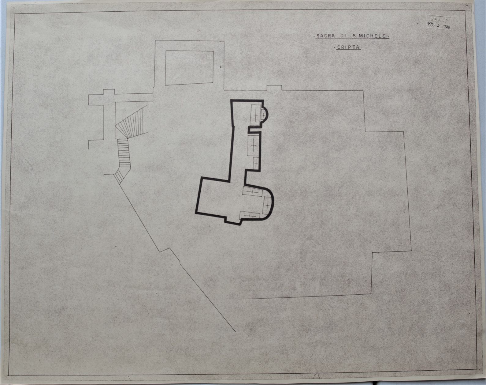 Sacra di San Michele/ Cripta, Sacra di San Michele a Sant'Ambrogio di Susa (TO) - Cripta. Pianta (disegno architettonico) di Checchi Ercole (cerchia) (secondo quarto sec. XX)