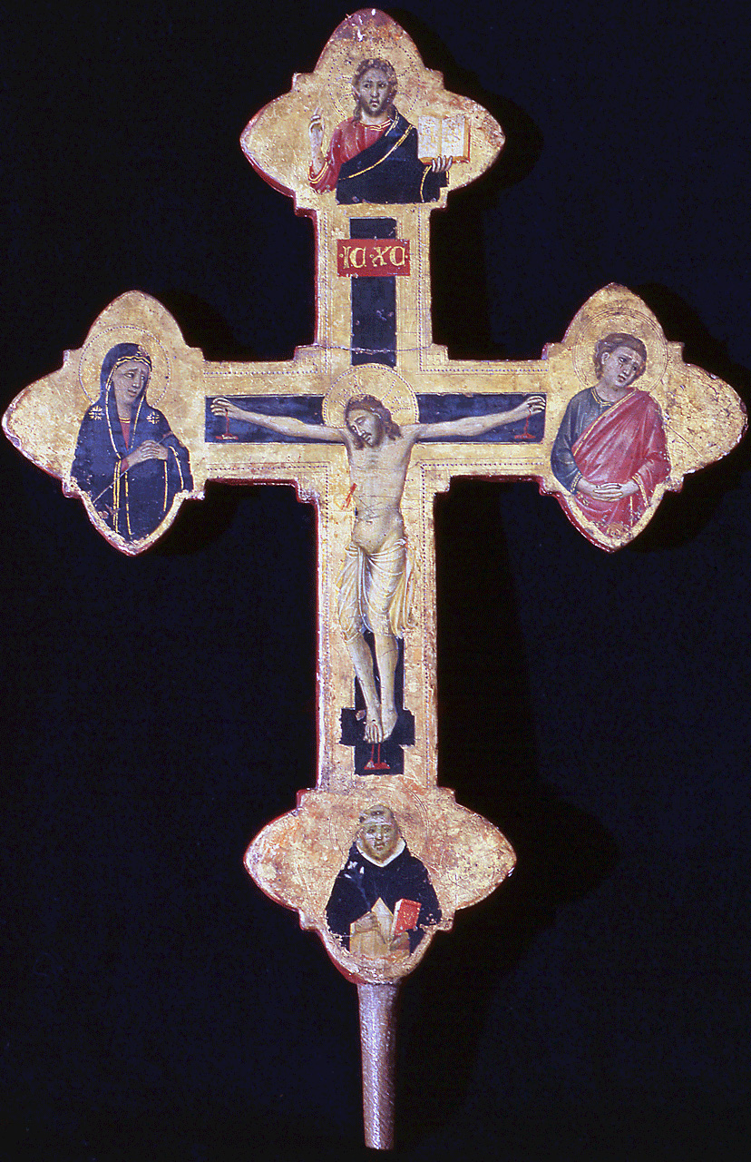 Cristo crocifisso, Madonna, San Giovanni Evangelista, Cristo benedicente, San Domenico (croce processionale) di Pacino di Buonaguida (sec. XIV)
