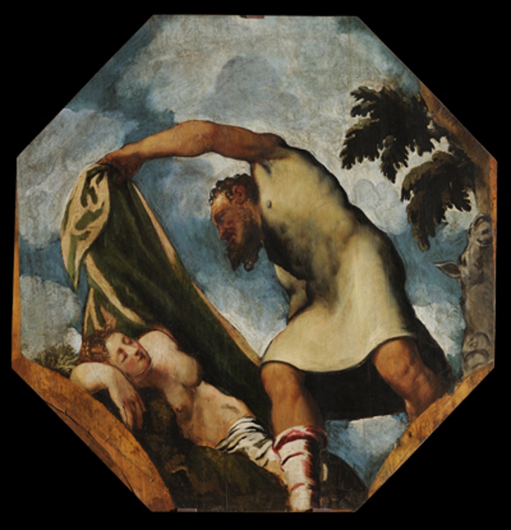 Priapo insidia Lotide addormentata, Priapo insidia Lotide addormentata (dipinto - tavola di ciclo decorativo, complesso decorativo) di Robusti Jacopo detto Tintoretto (attribuito) - ambito veneziano (secondo quarto XVI)