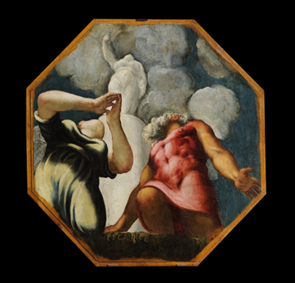 Deucalione e Pirra, Deucalione e Pirra (dipinto - tavola di ciclo decorativo, complesso decorativo) di Robusti Jacopo detto Tintoretto (attribuito) - ambito veneziano (secondo quarto XVI)