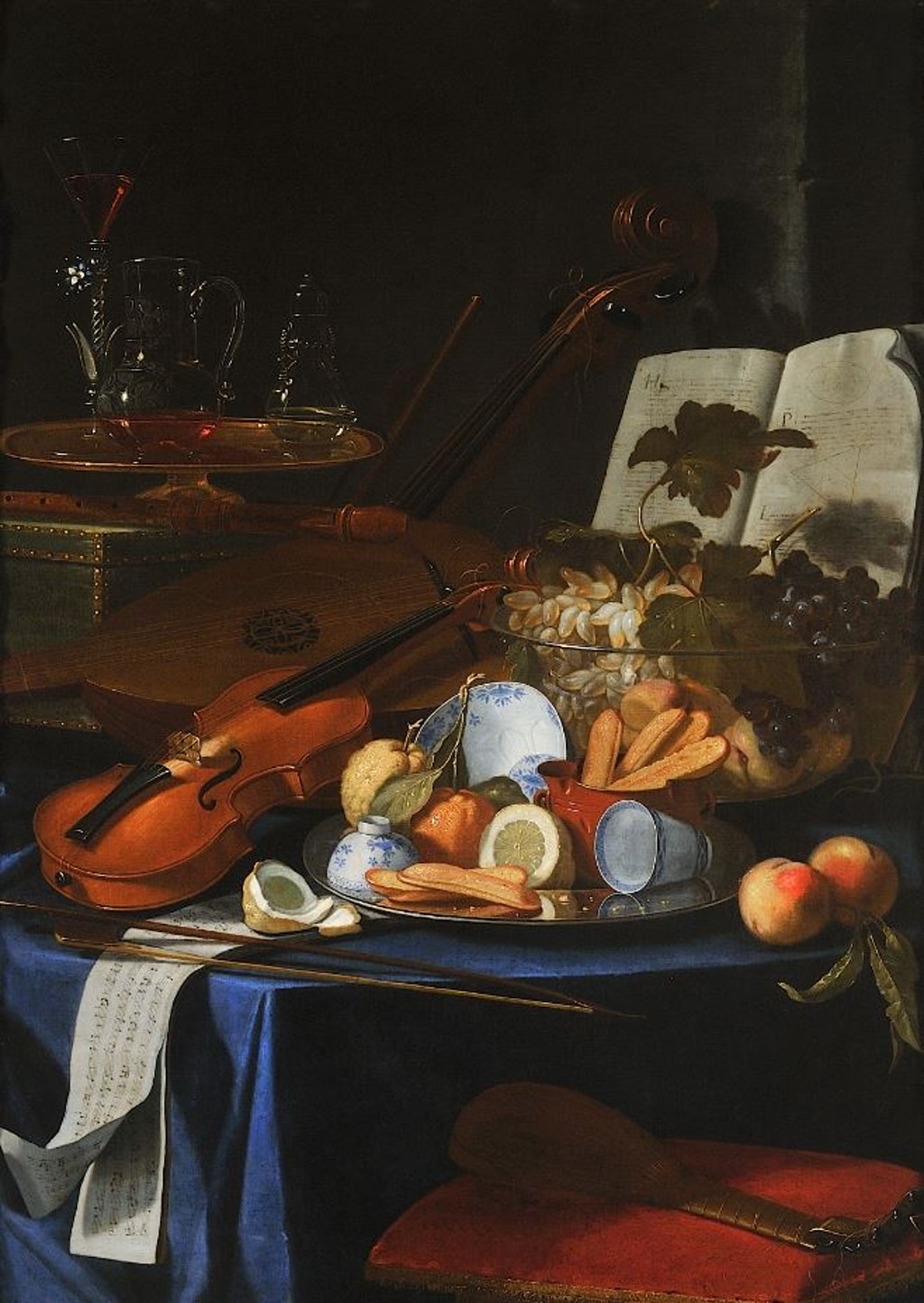 Natura morta con violino, frutta e bicchieri (Natura morta con violino, frutta e bicchieri), Natura morta con violino, frutta e bicchieri (dipinto - olio su tela, opera isolata) di Munari Cristoforo (attribuito) - ambito emiliano (inizio XVIII)