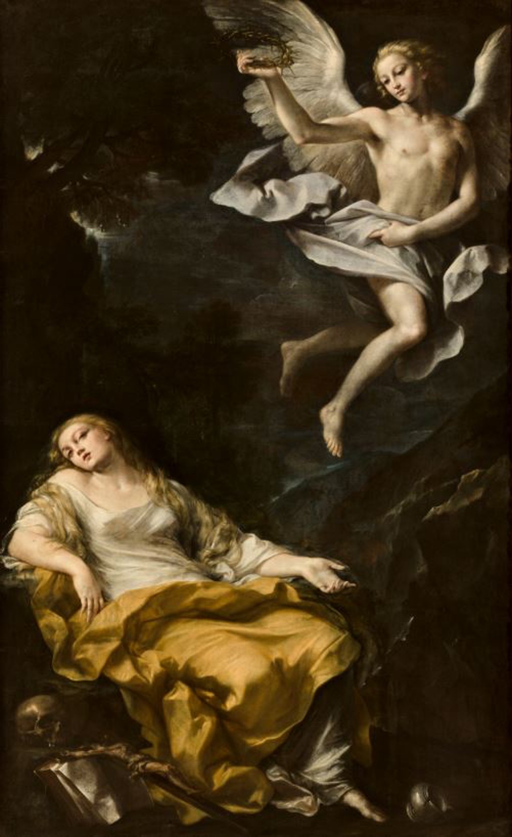 La Maddalena visitata da un angelo con corona di spine, Maddalena visitata da un angelo con corona di spine in mano (dipinto - olio su tela, opera isolata) di Dal Sole Giovan Gioseffo (attribuito) - ambito bolognese-emiliano (primo quarto XVIII)