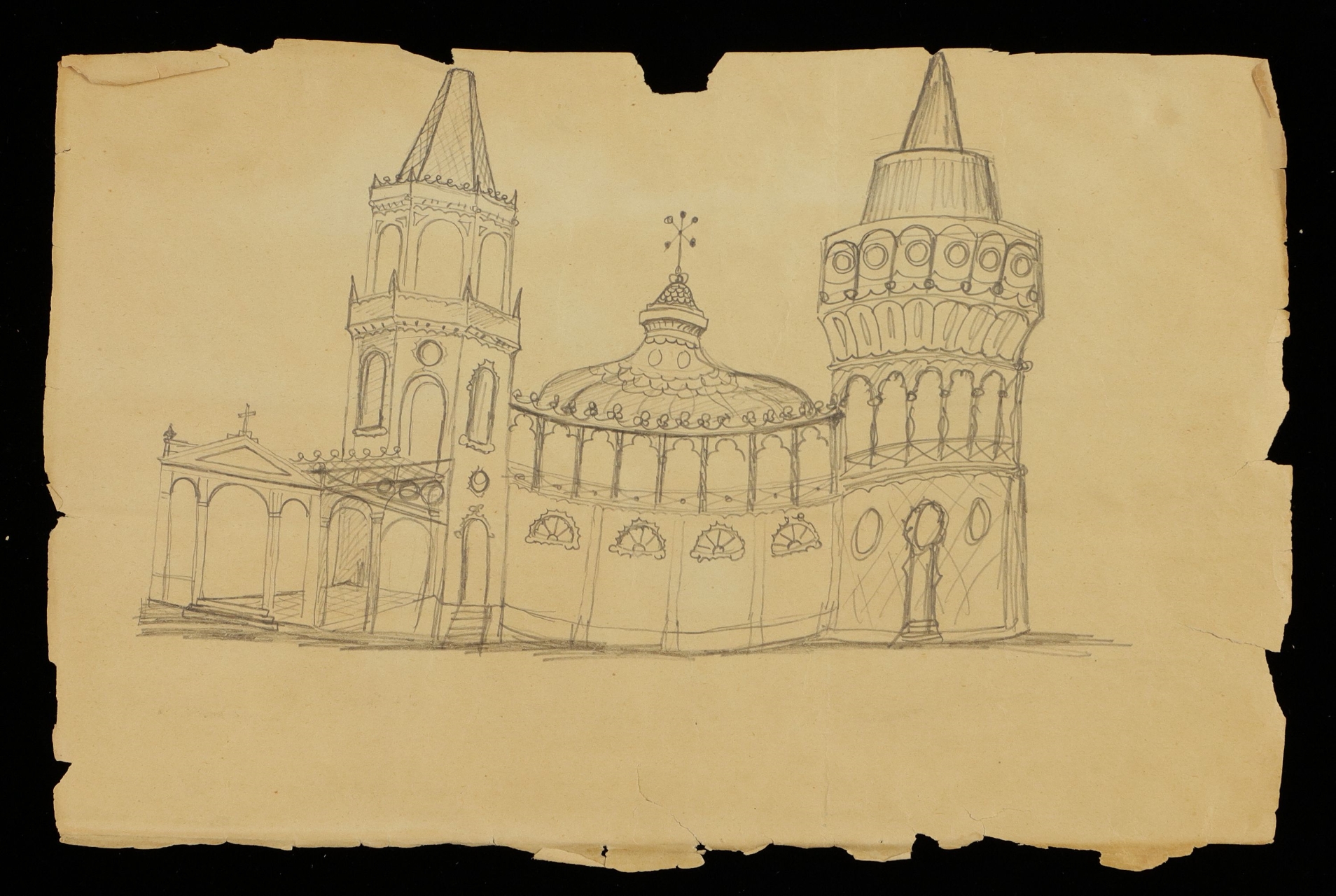 Quaderno con disegni rappresentanti architetture (religiose) e figure umane con ambientazioni domestiche, Disegno di copertina raffigurante un edificio religioso (taccuino di disegni, insieme) di Non attribuito (attribuito) - ambito manicomiale (fine XIX)