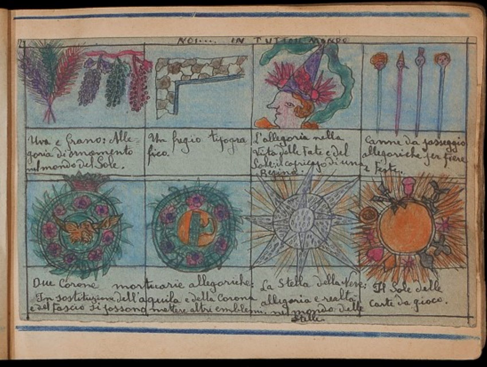 Il Mondo in rivista, cartoncini con disegni e scritte incollati sulle pagine di un taccuino (taccuino di disegni, insieme) di Bertola, Mario (attribuito) - ambito manicomiale (secondo quarto XX)