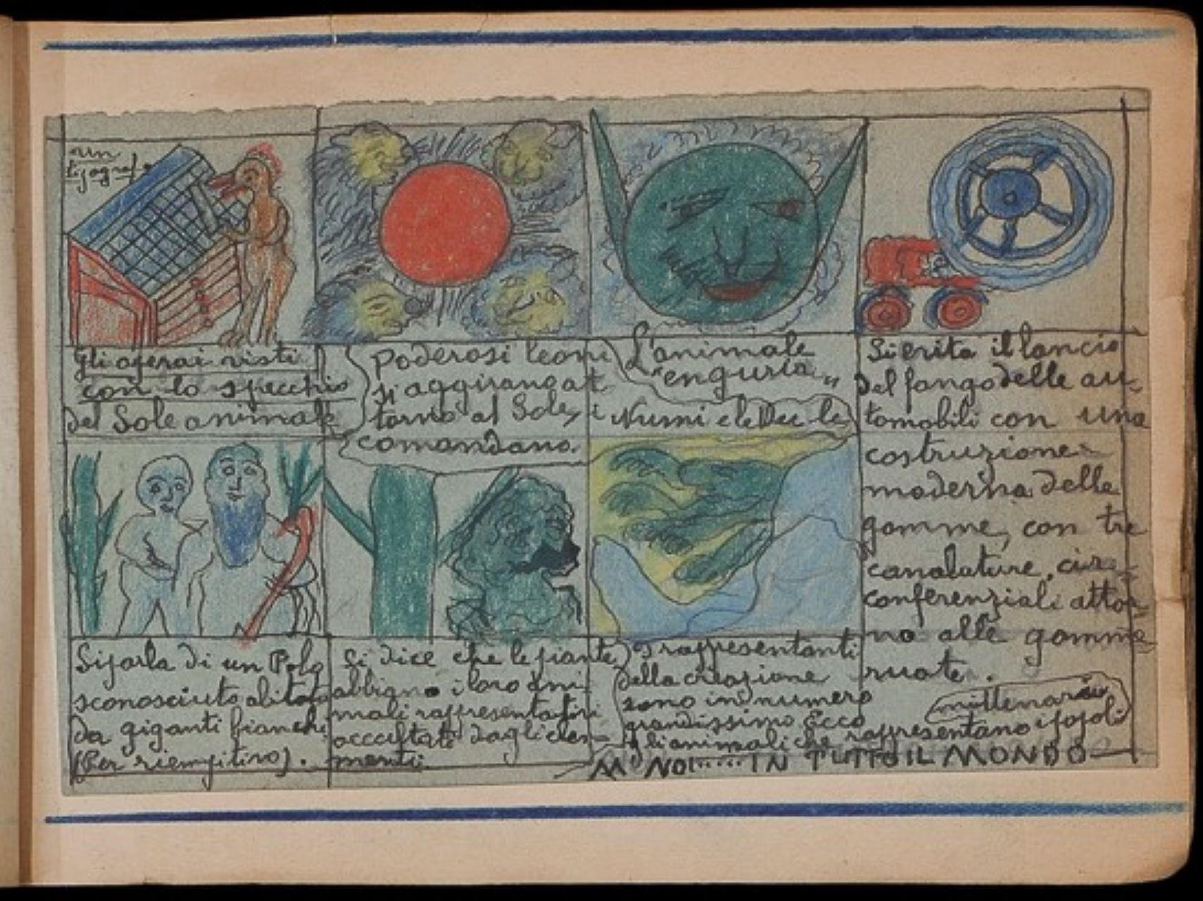 Il Mondo in rivista, cartoncini con disegni e scritte incollati sulle pagine di un taccuino (taccuino di disegni, insieme) di Bertola, Mario (attribuito) - ambito manicomiale (secondo quarto XX)