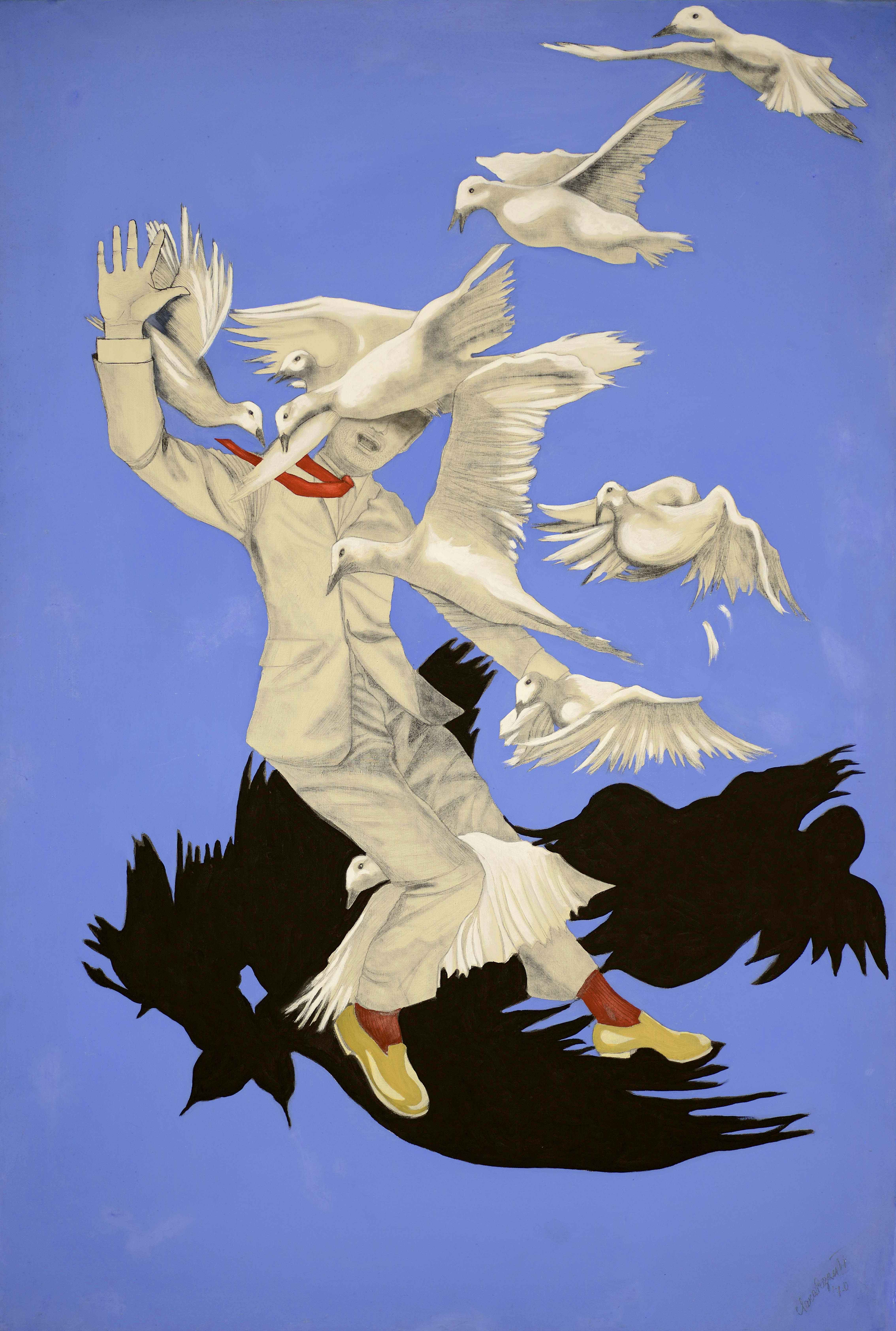 L'uomo e gli uccelli (dipinto) di Rezzuti, Clara (sec. XX)
