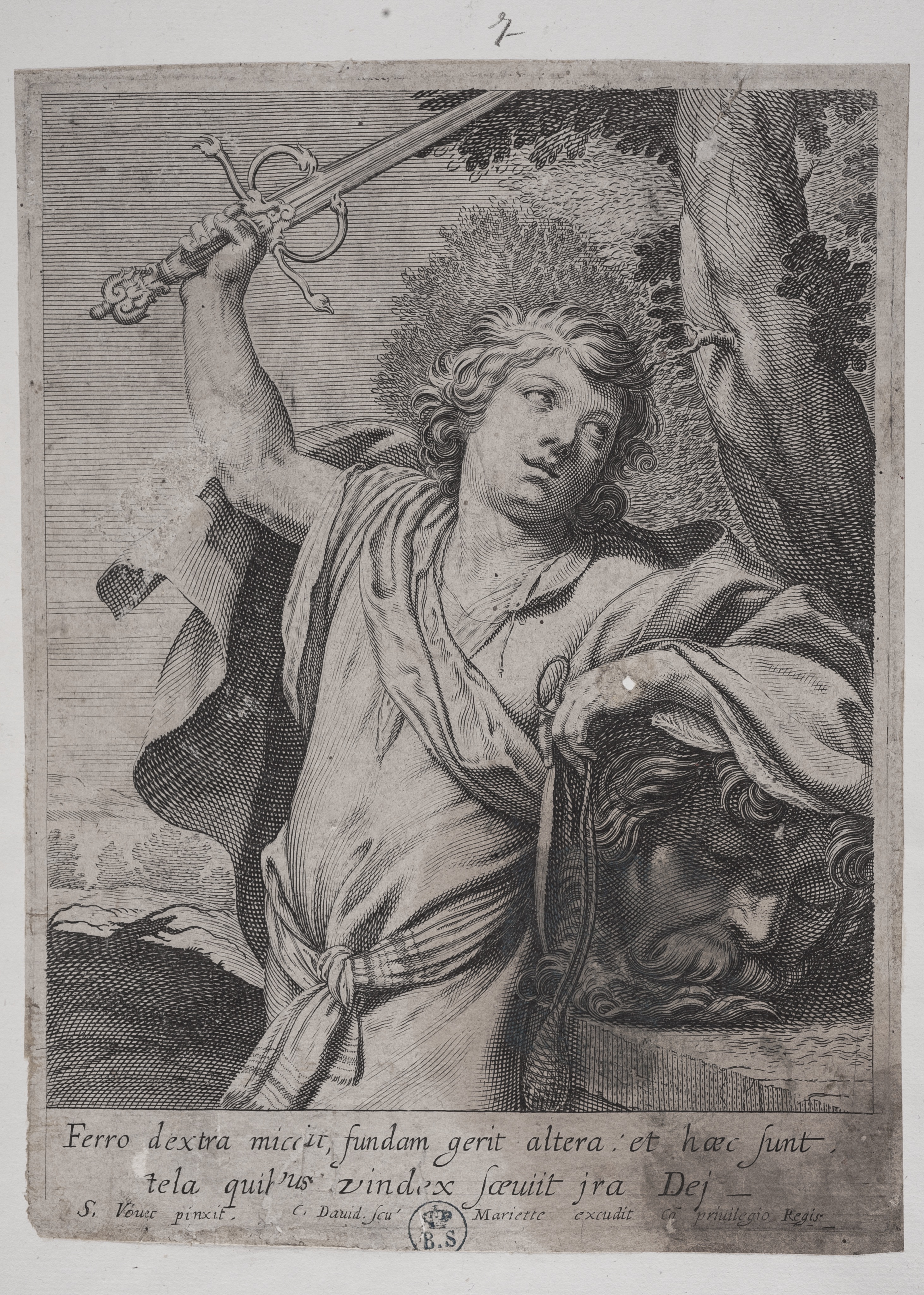 Davide con la testa di Golia, Davide con la testa di Golia (stampa controfondata smarginata) di Simon Vouet, David Charles (prima metà XVII)