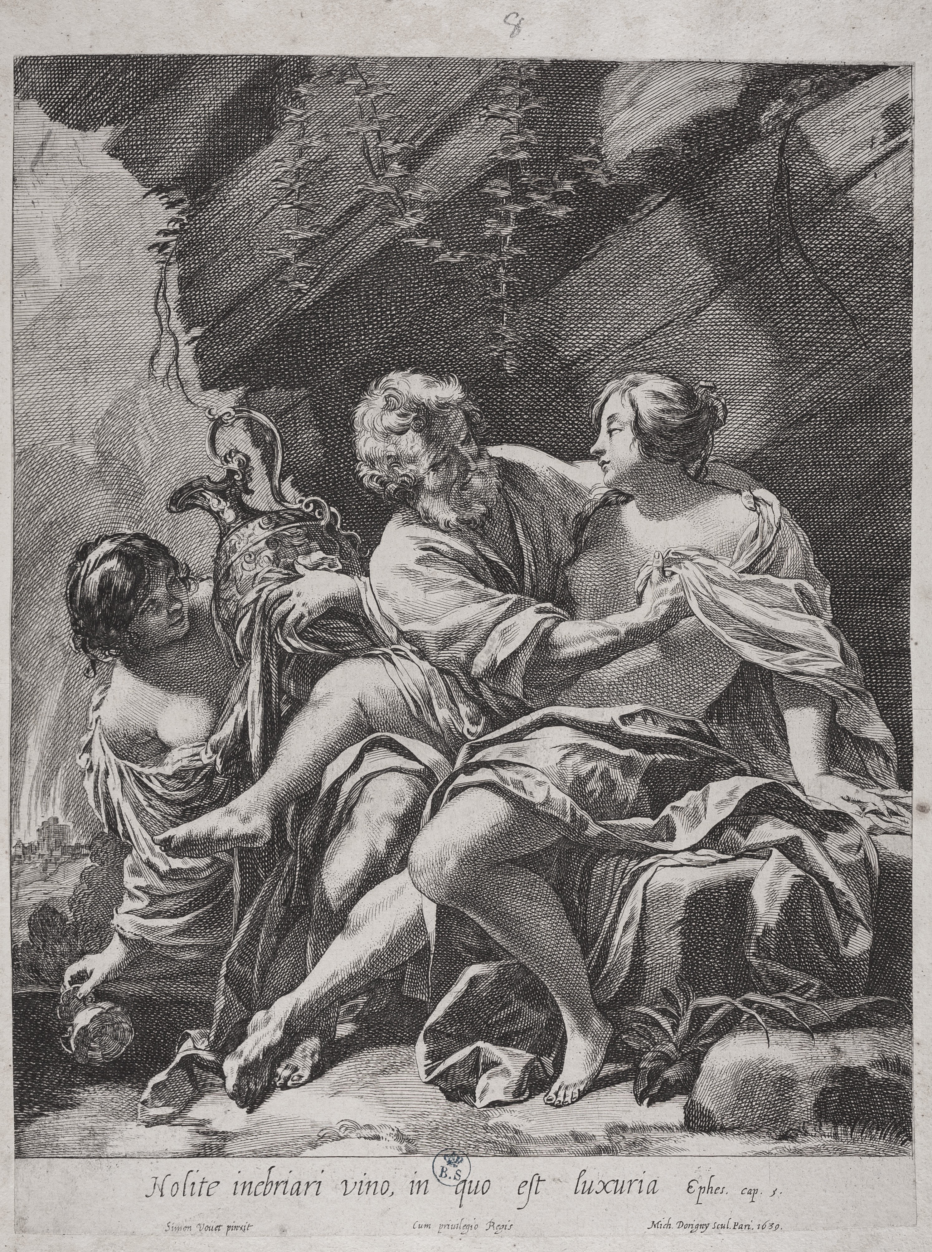 Lot e le sue figlie, Lot e le sue figlie (stampa controfondata smarginata) di Simon Vouet, Dorigny Michel (prima metà XVII)