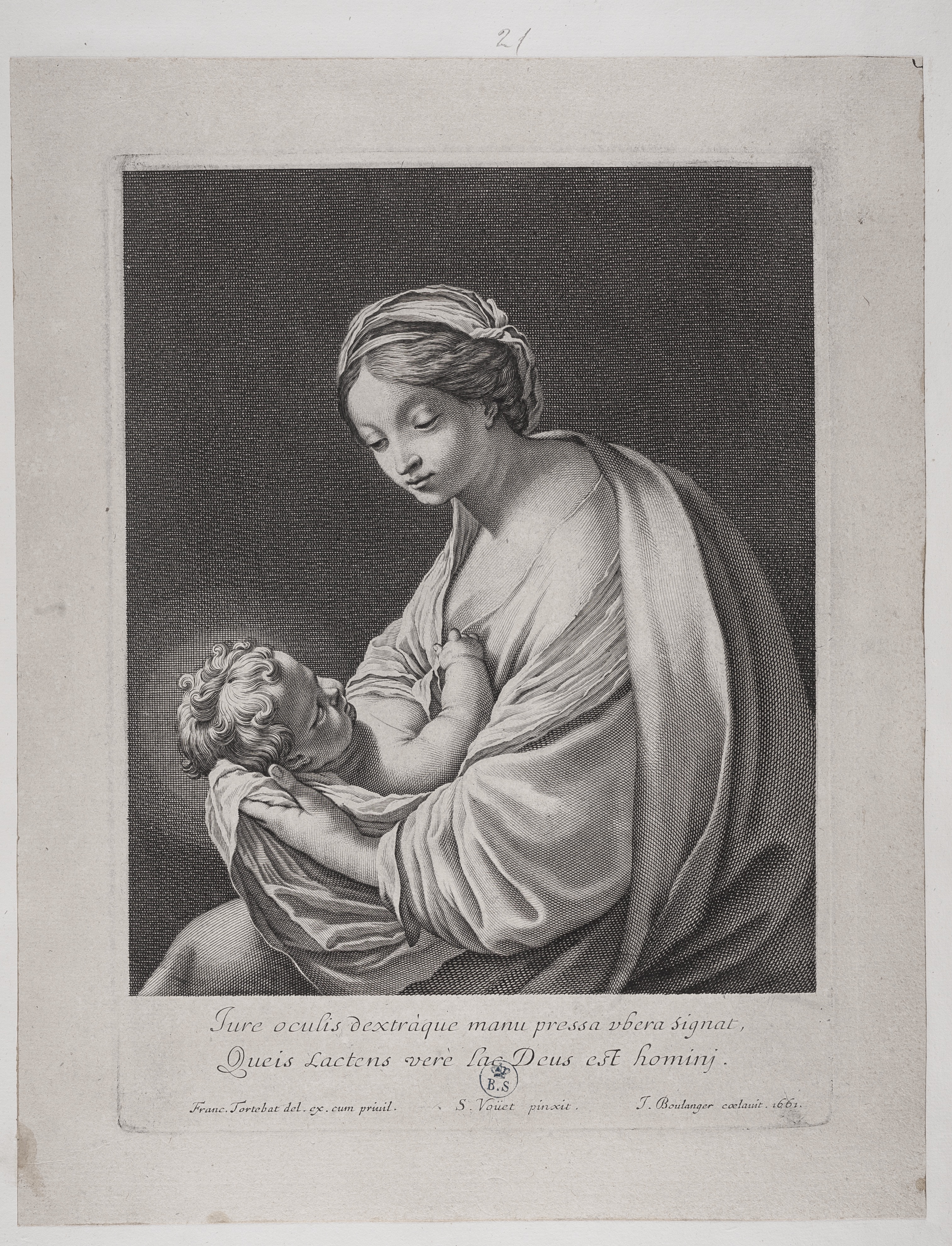 Madonna con bambino che cerca il seno, Madonna con bambino (stampa controfondata) di Simon Vouet, Tortebat François, Boulanger Jean (terzo quarto XVII)