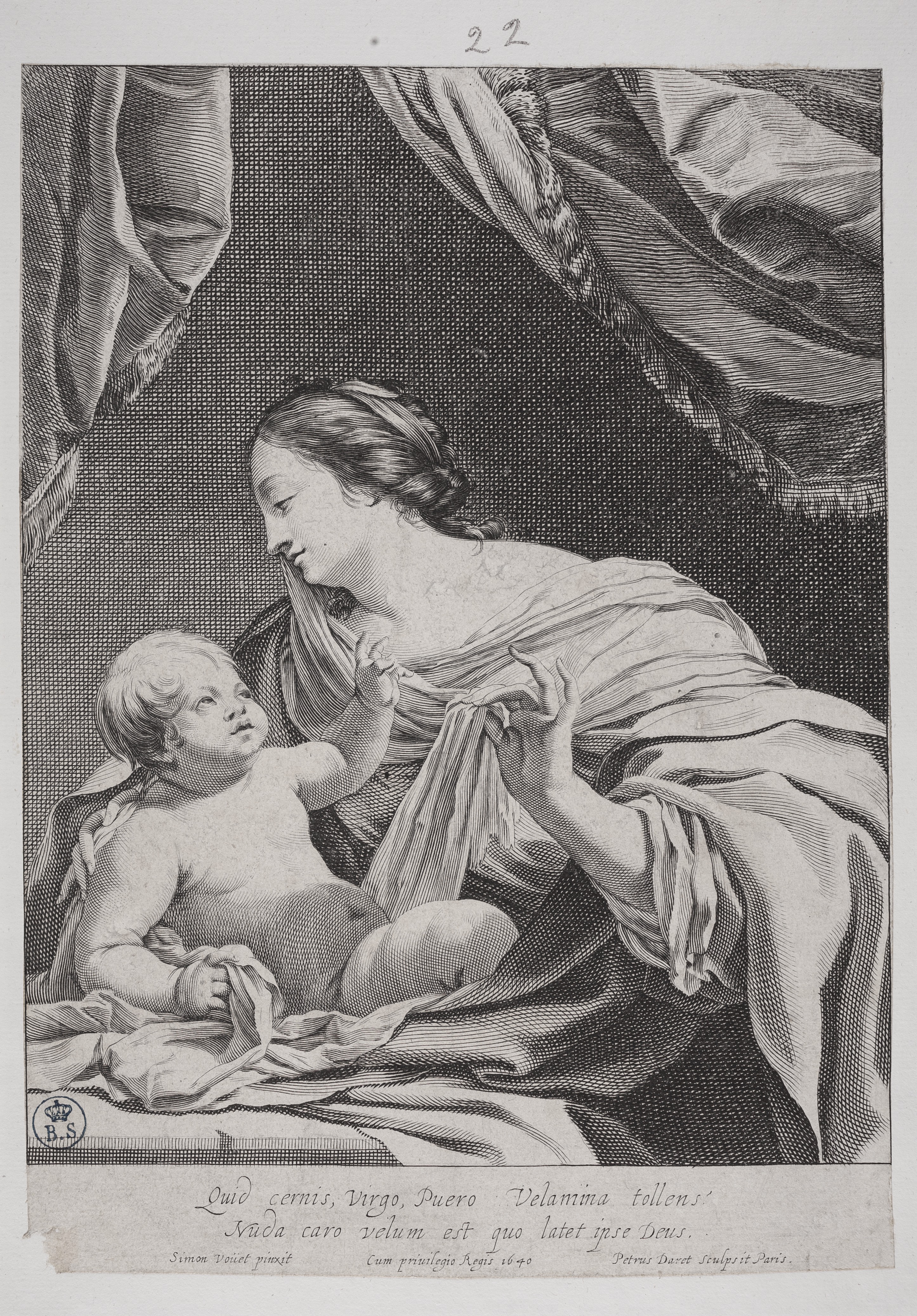 Madonna con bambino, Madonna con bambino (stampa controfondata smarginata tagliata) di Simon Vouet, Daret Pierre (secondo quarto XVII)