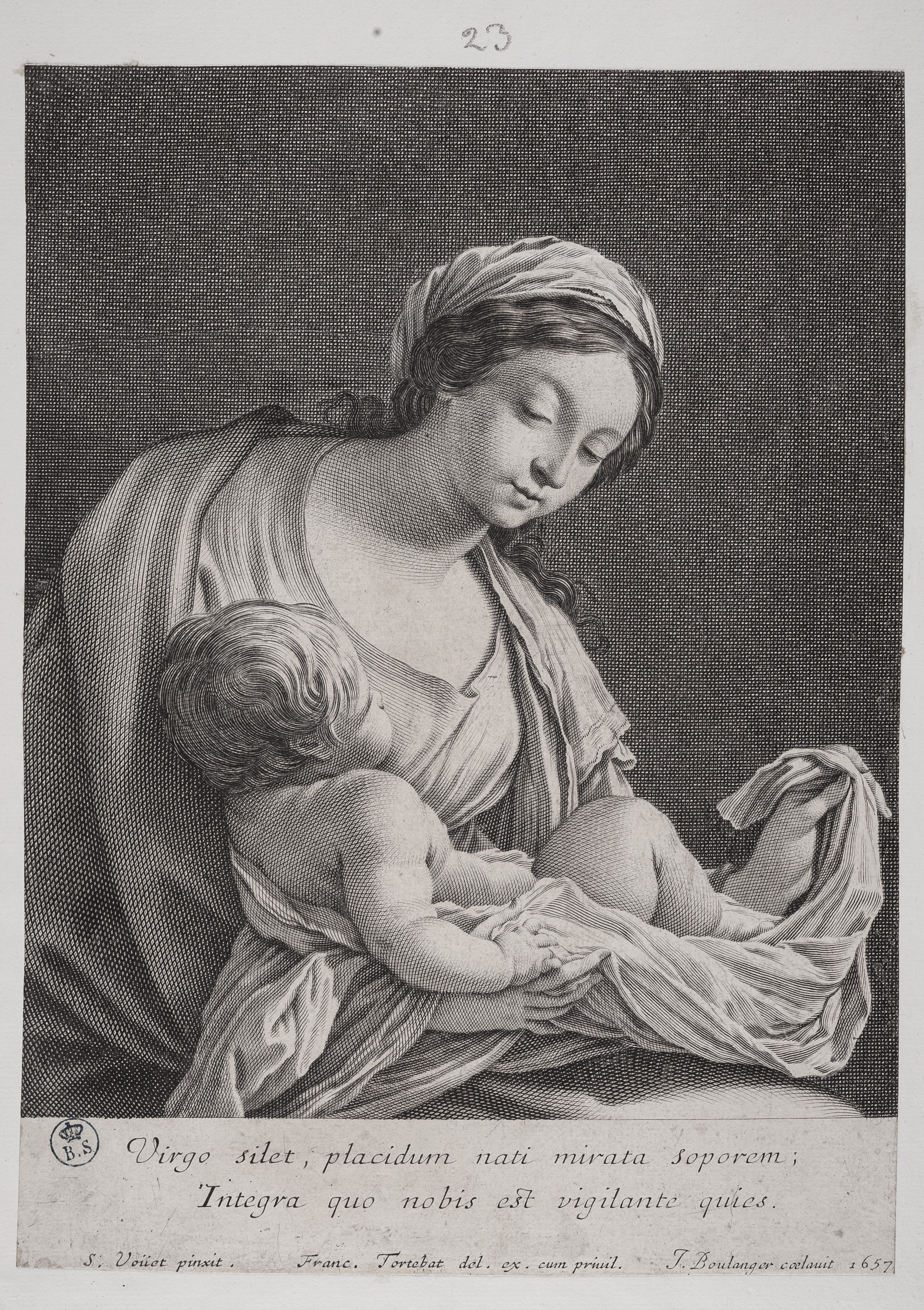 Madonna con bambino addormentato, Madonna con bambino addormentato (stampa controfondata smarginata) di Simon Vouet, Tortebat François, Boulanger Jean (terzo quarto XVII)