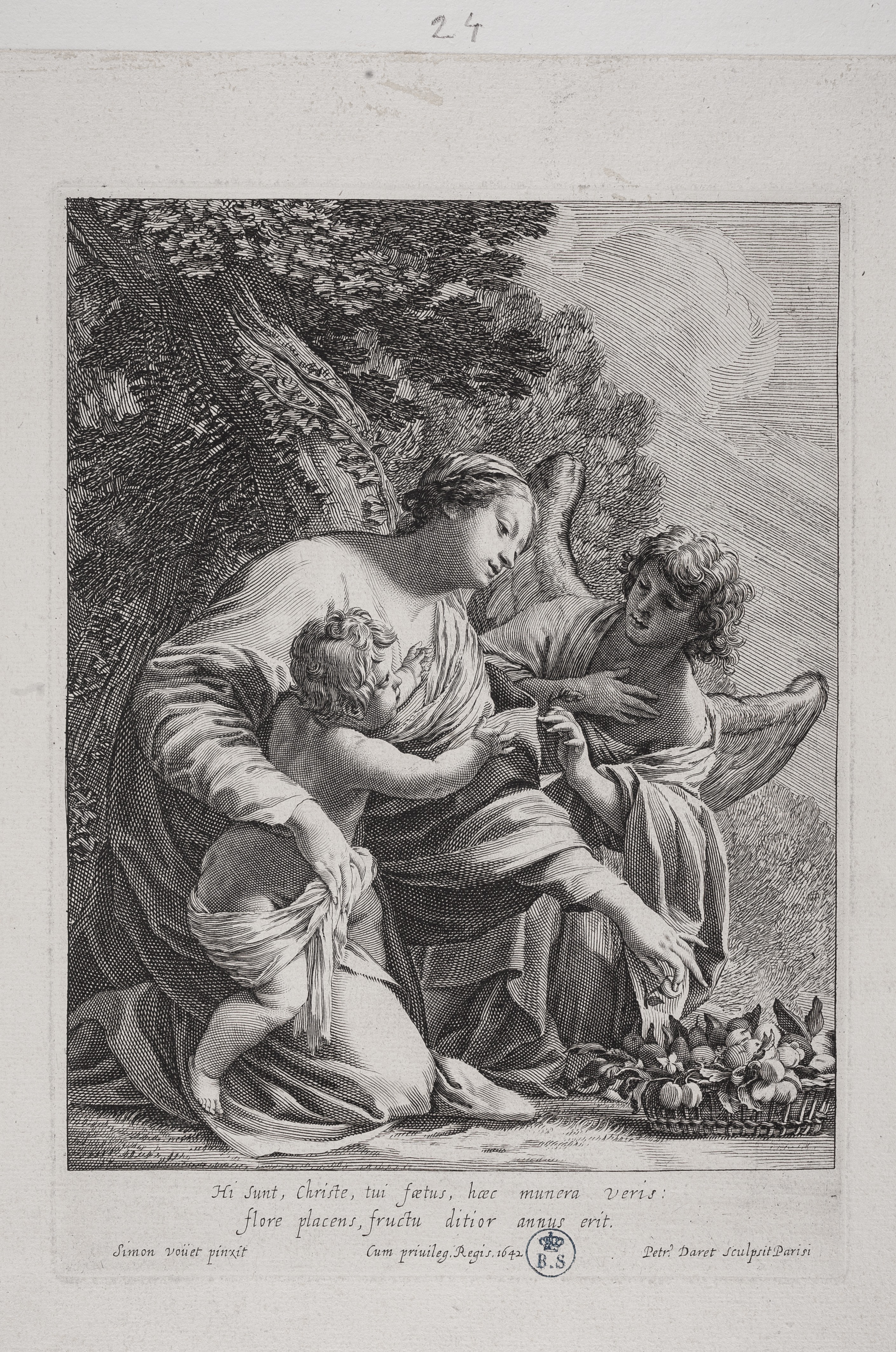 Madonna con bambino e l'angelo, Madonna con bambino e l'angelo (stampa controfondata) di Simon Vouet, Daret Pierre (secondo quarto XVII)