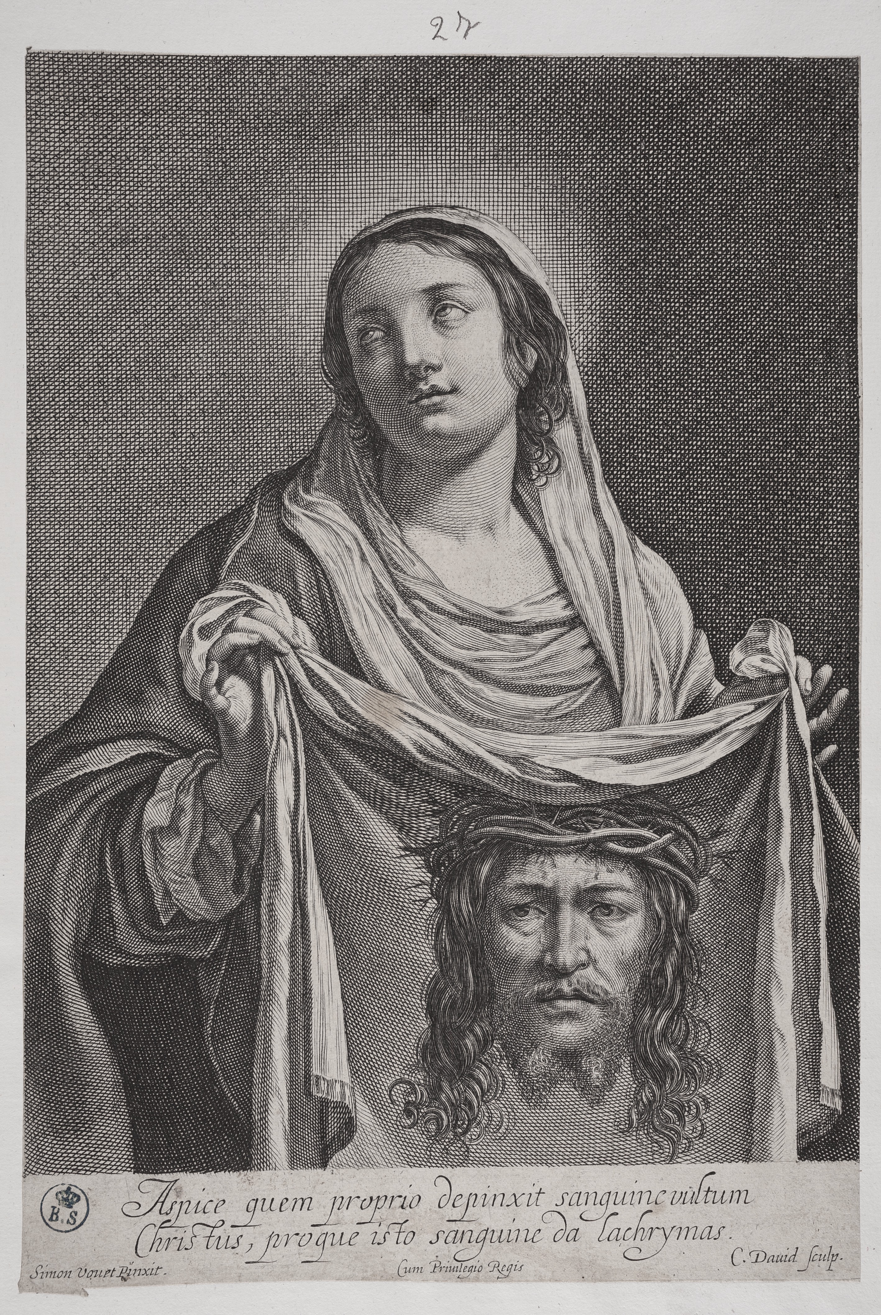 Santa Veronica, Santa Veronica (stampa controfondata smarginata tagliata) di Simon Vouet, David Charles (secondo quarto XVII)