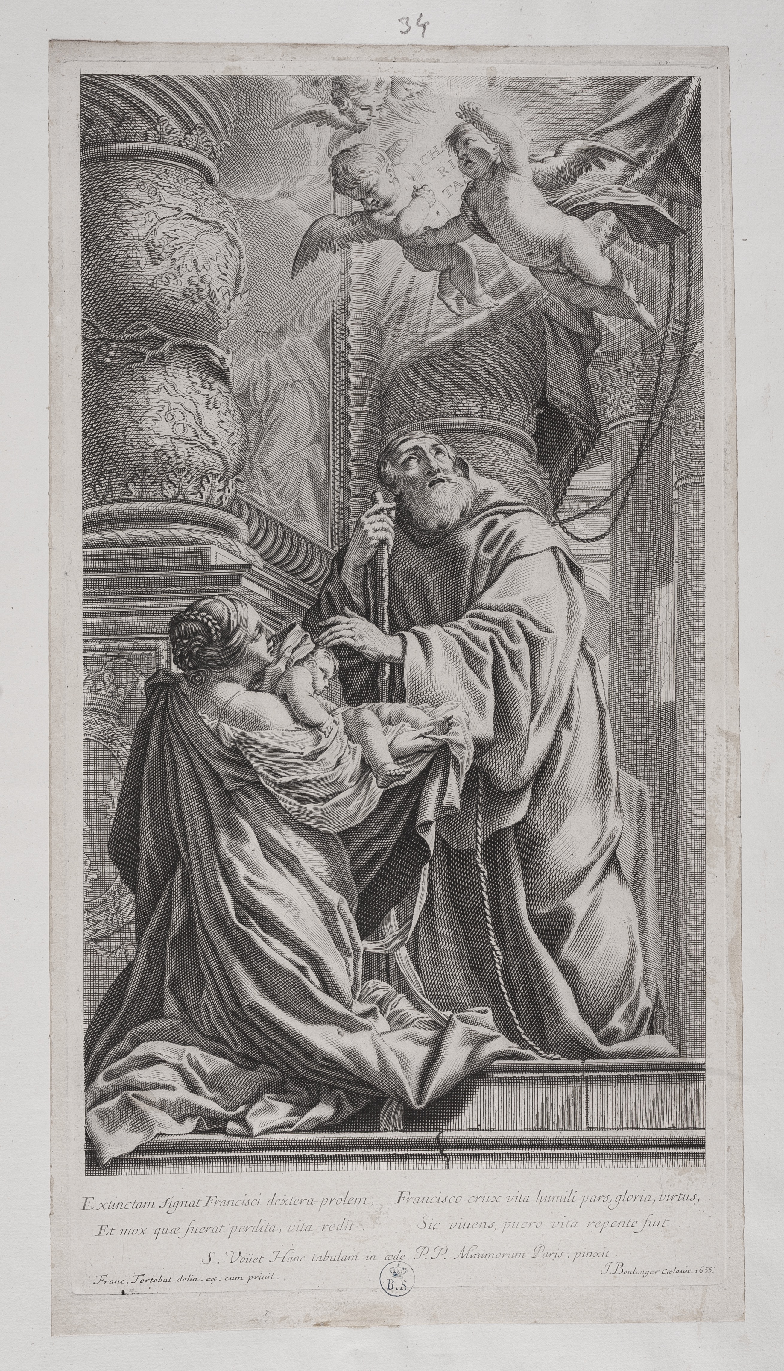 San Francesco da Paola resuscita un bambino, San Francesco da Paola resuscita un bambino (stampa controfondata) di Simon Vouet, Tortebat François, Boulanger Jean (terzo quarto XVII)