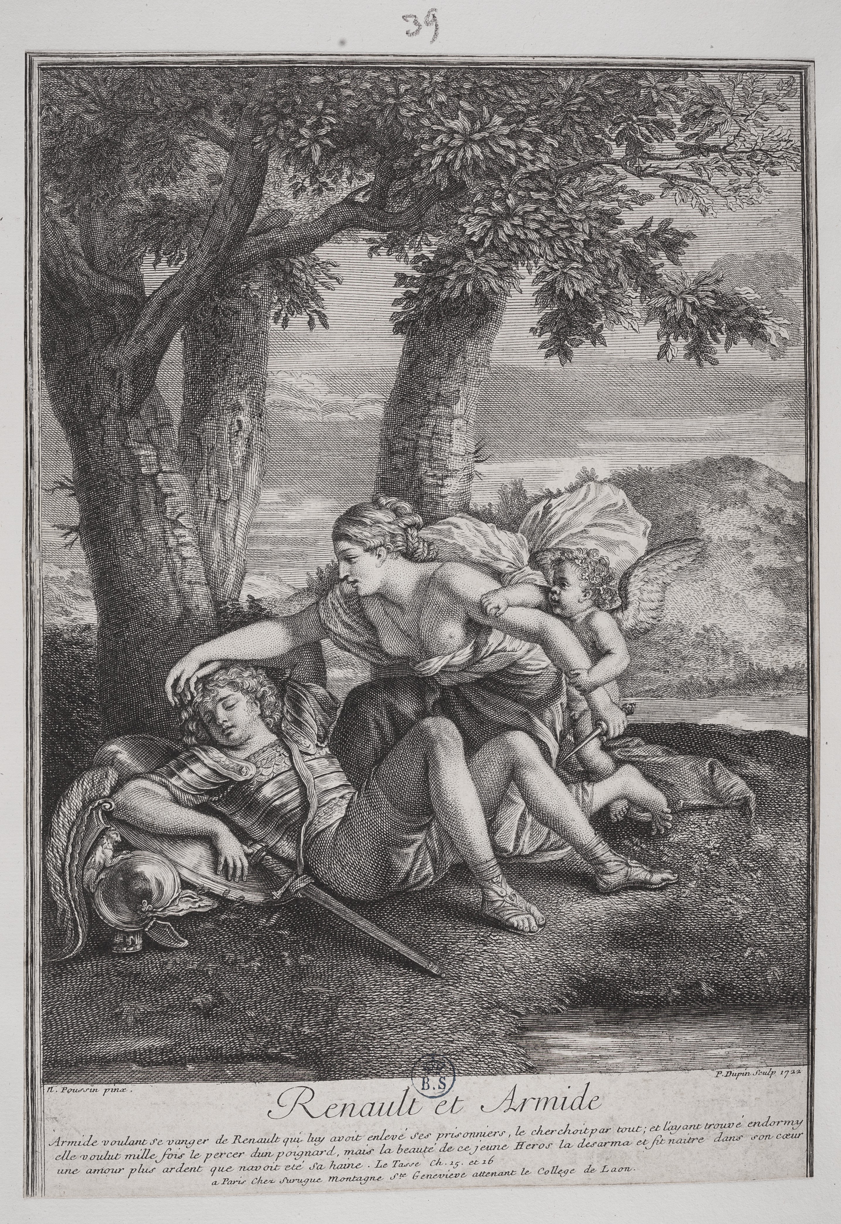 Rinaldo e Armida, Rinaldo e Armida (stampa controfondata smarginata tagliata) di Poussin Nicolas, Dupin Pierre (primo quarto XVIII)
