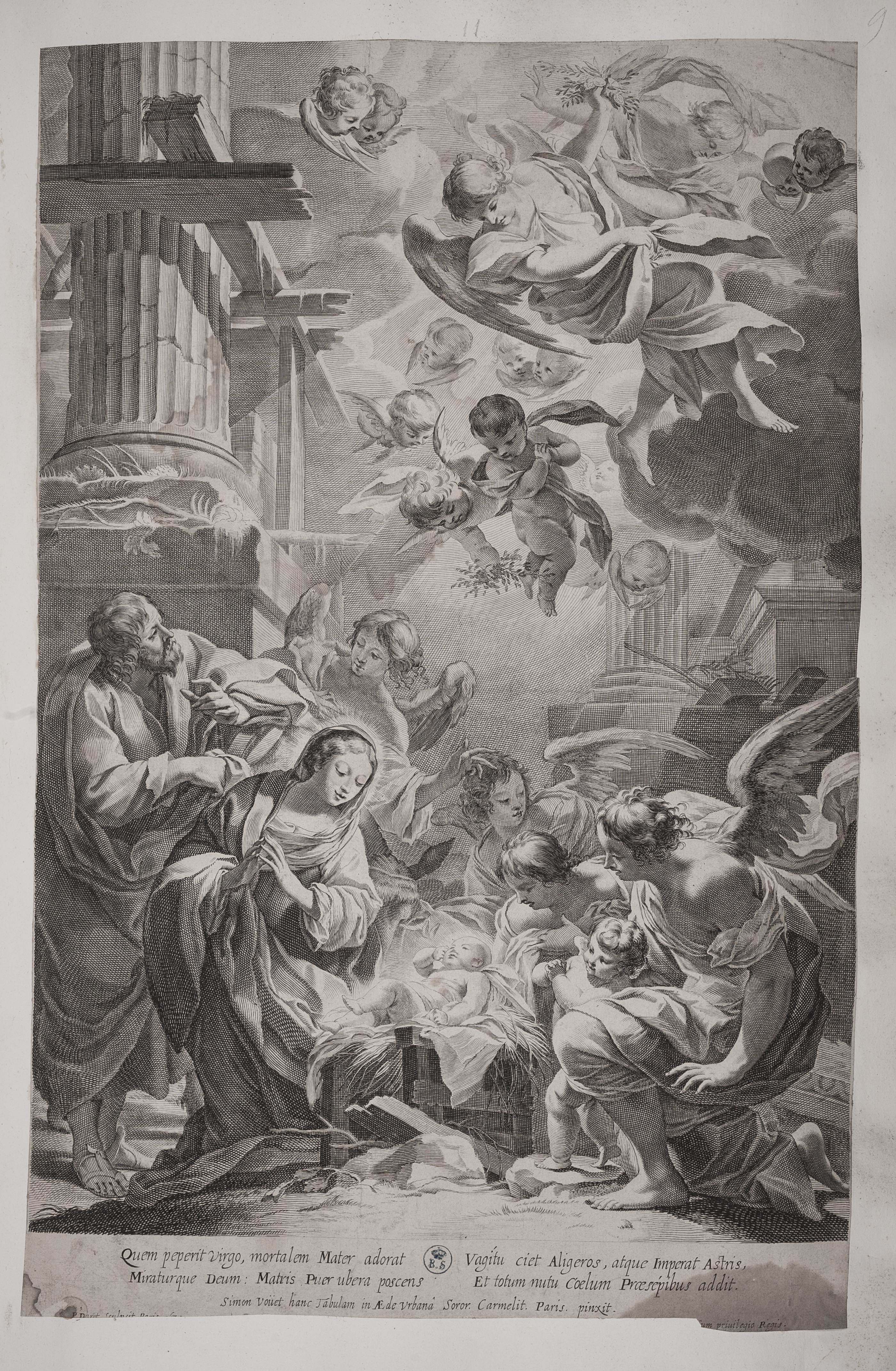 Natività con angeli, Natività con angeli (stampa controfondata smarginata tagliata) di Simon Vouet, Daret Pierre (secondo quarto XVII)